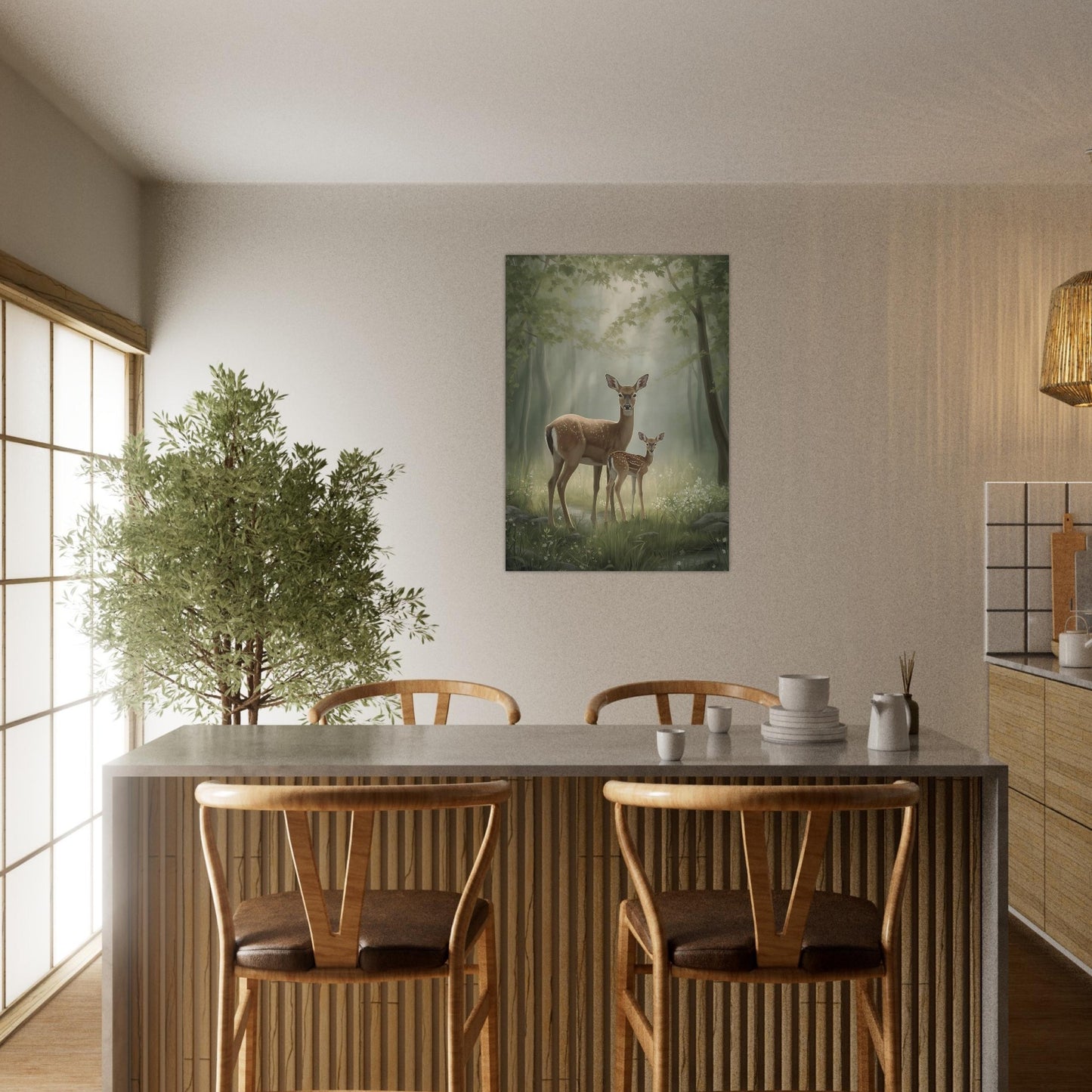 Dining room with a table and chairs, and a wall painting of deer in a forest.