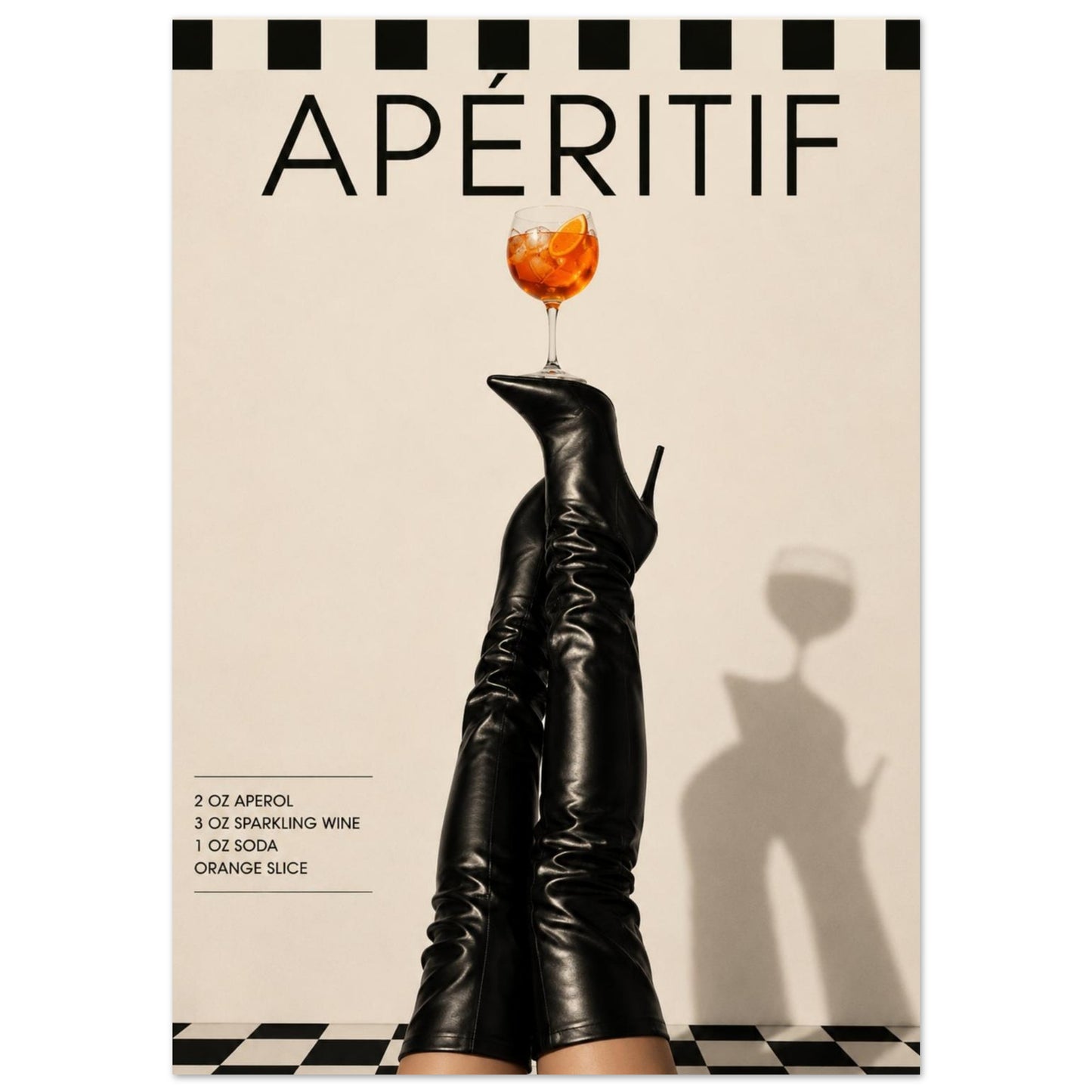 Close-up of aperitif fashion art print featuring black thigh high boots balancing orange cocktail glass