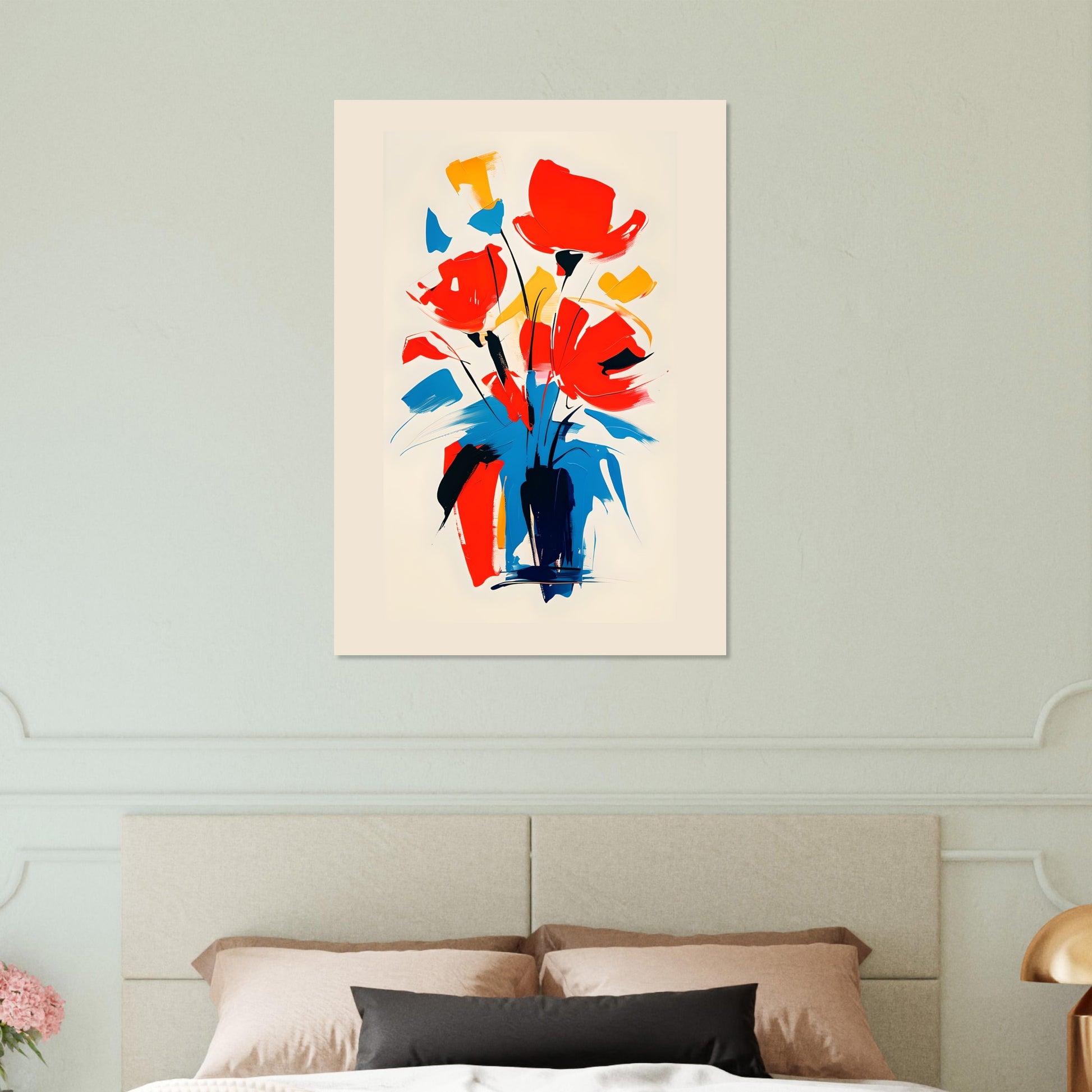 Colorful abstract floral painting on a wall above a bed