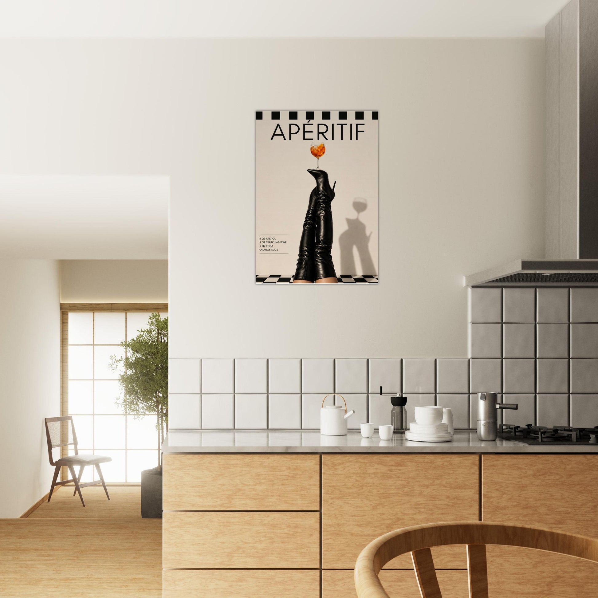 Editorial boots wall art hanging in modern kitchen with contemporary apartment styling