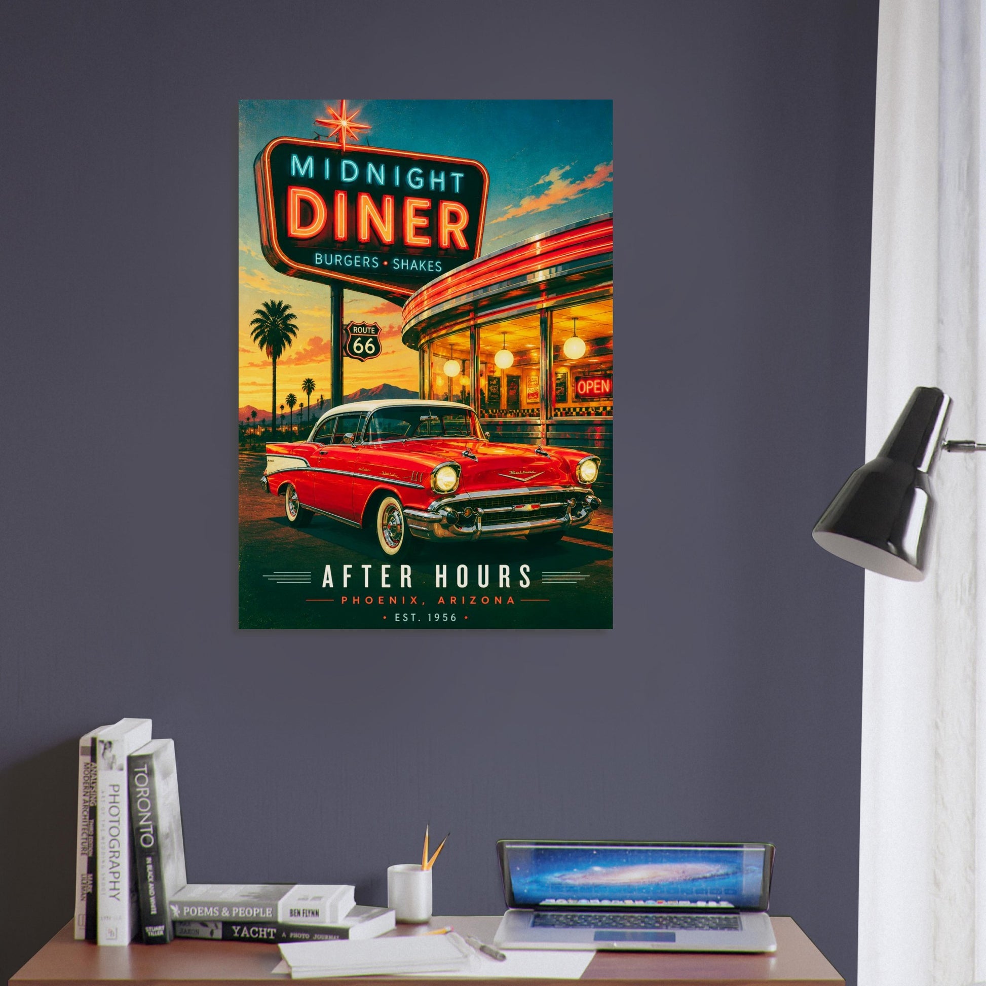 Poster of a red car in front of a diner with a 'Midnight Diner' sign on a wall.
