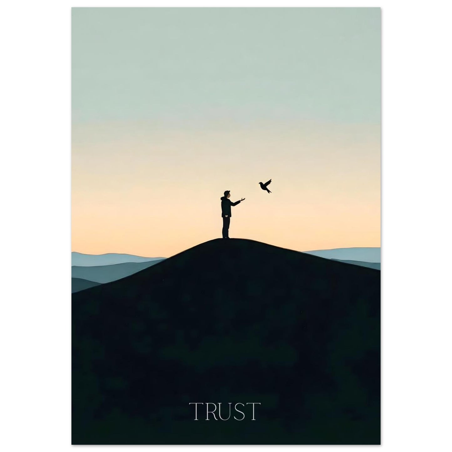 Silhouette of a person on a hill with a bird, set against a gradient sky with 'TRUST' text.