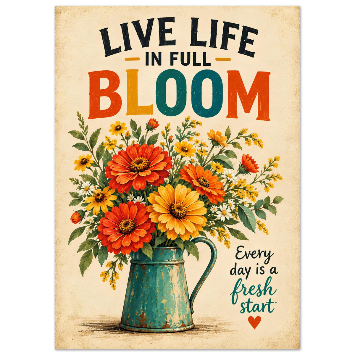 A decorative metal art print or poster with a vintage floral design. The artwork features a teal pitcher filled with orange, yellow, and red flowers on a textured beige background.