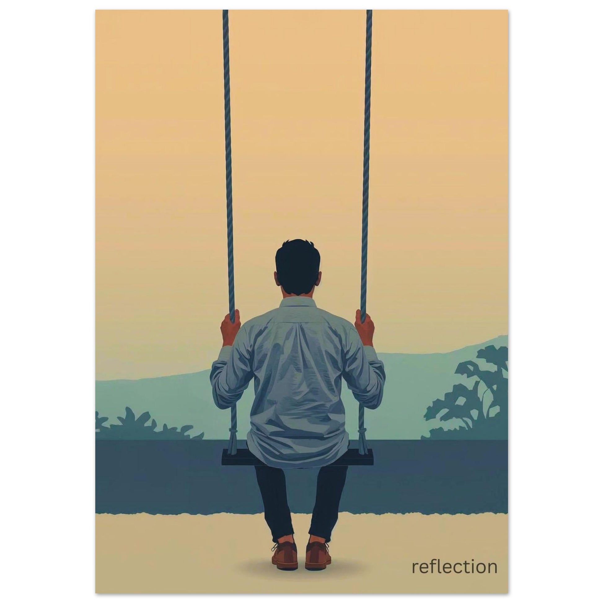 Illustration of a person standing with a swing, facing a scenic landscape with 'reflection' text.