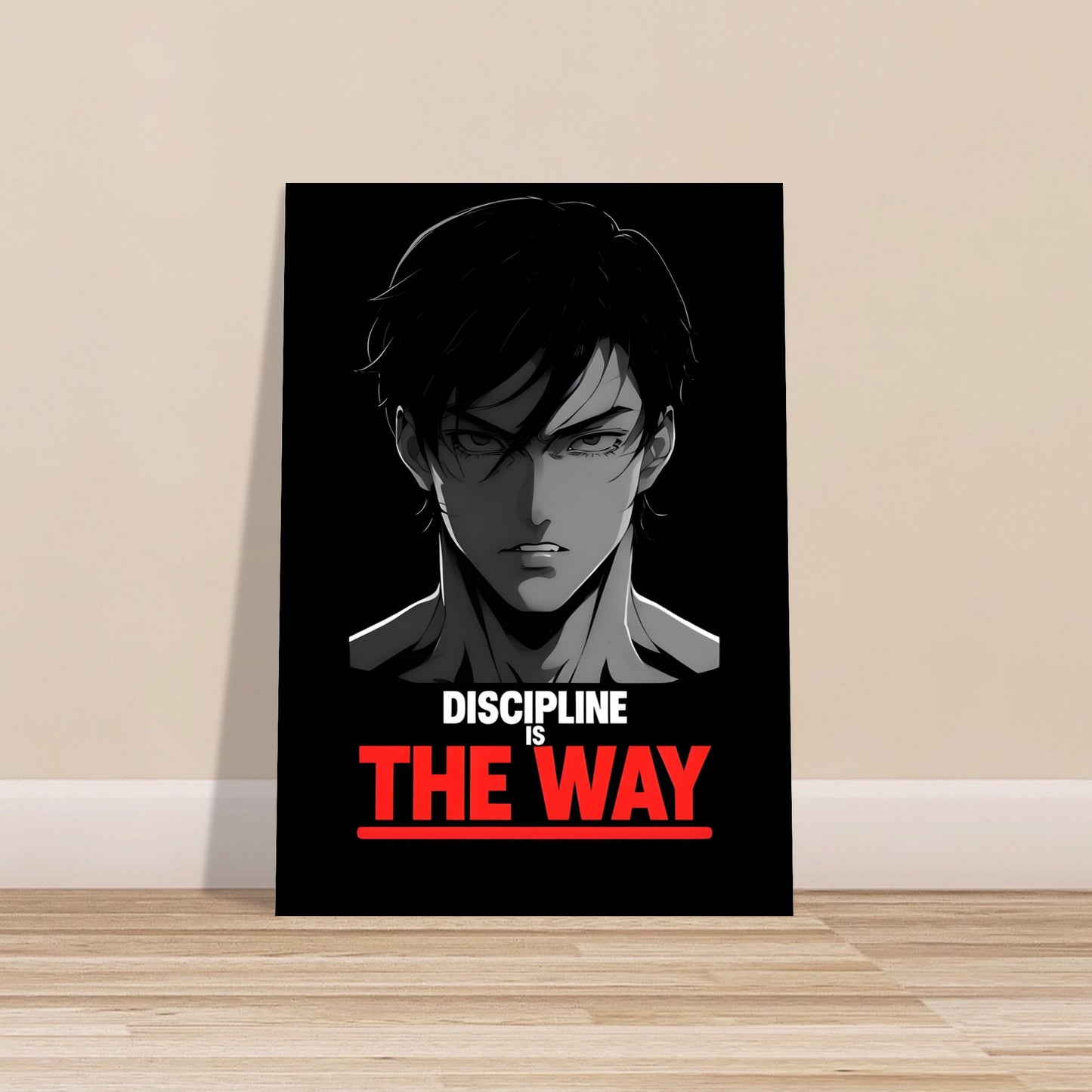 Poster with an anime-style character and motivational quote on a black background