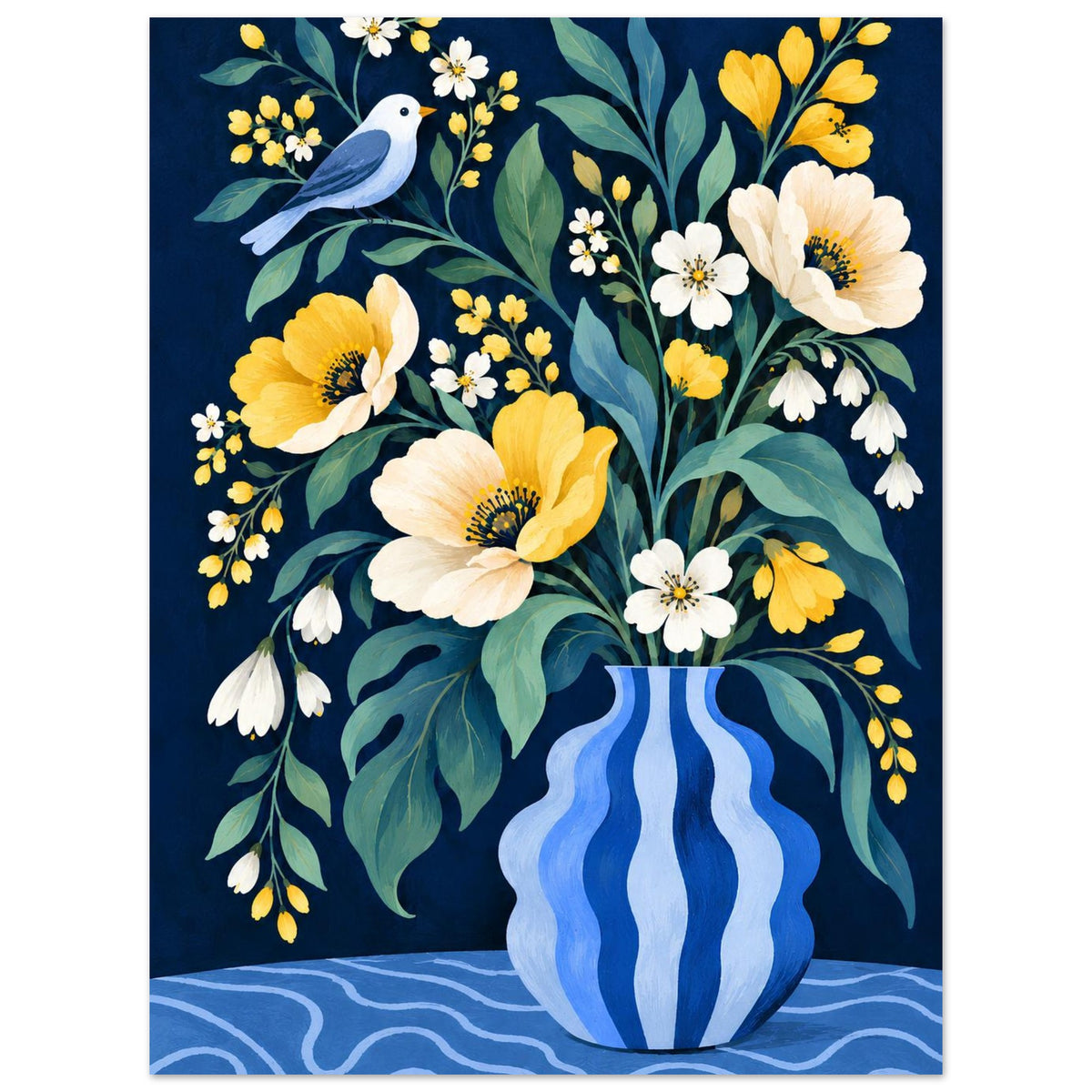 A vertical art print featuring a floral still life: yellow and white flowers with green leaves in a blue-and-white striped vase, plus a small blue bird on a dark navy background.