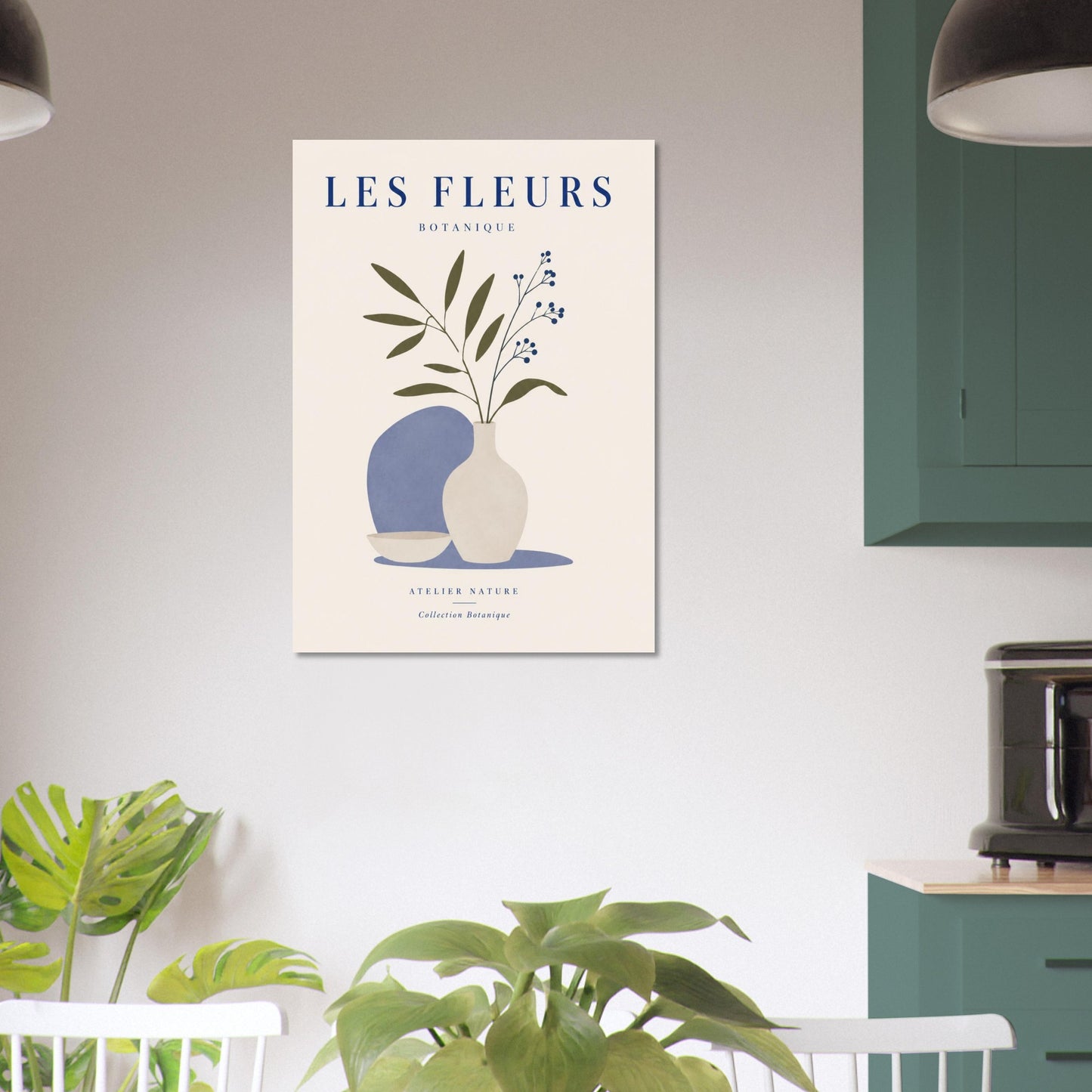 Minimalist Les Fleurs poster displayed above wooden kitchen counter with modern neutral decor