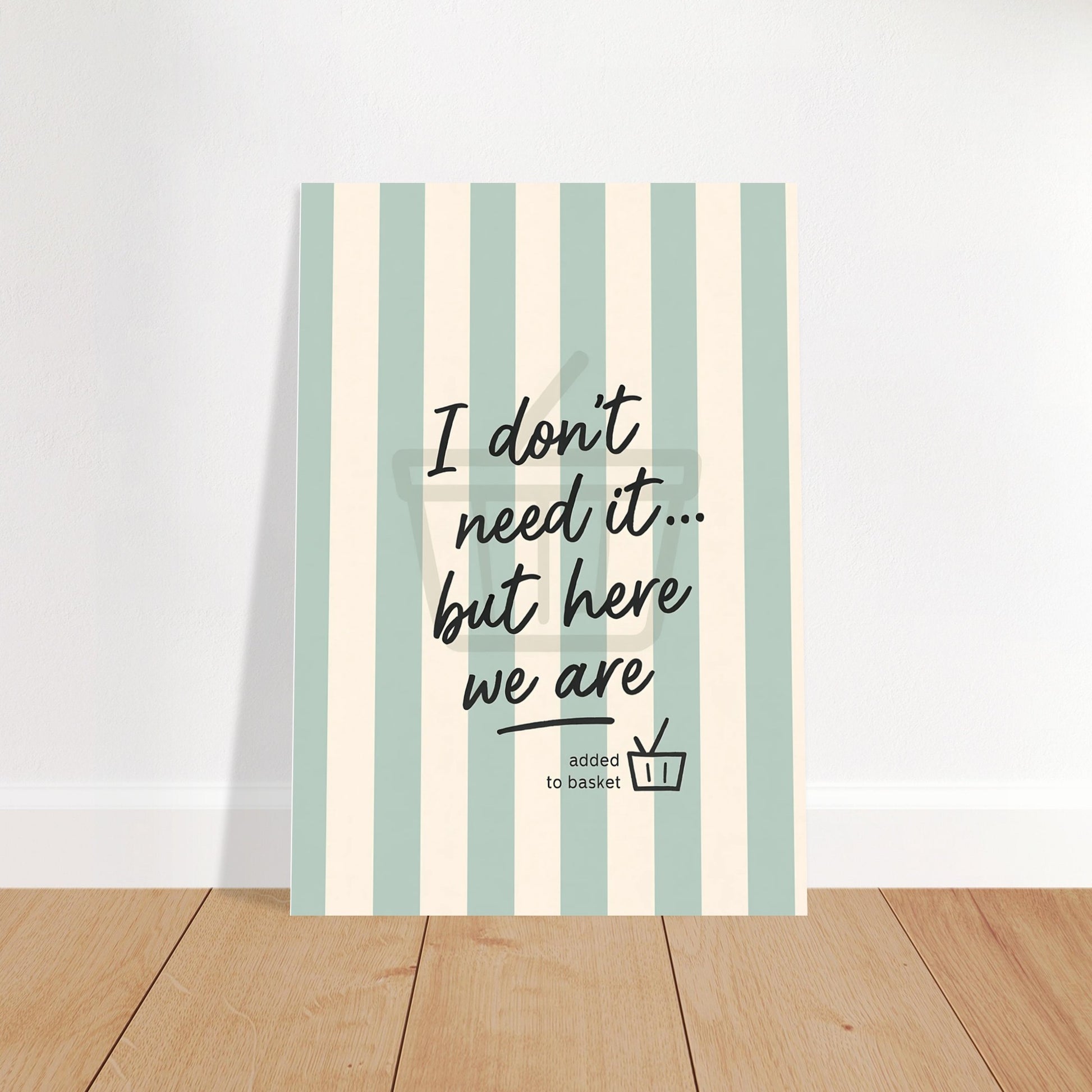 Striped poster with text on a wooden floor and light gray background