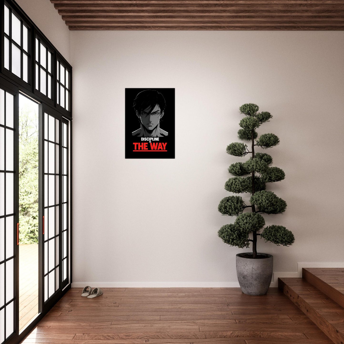 Poster of a person with text on a wall in a room with a potted plant and large window.