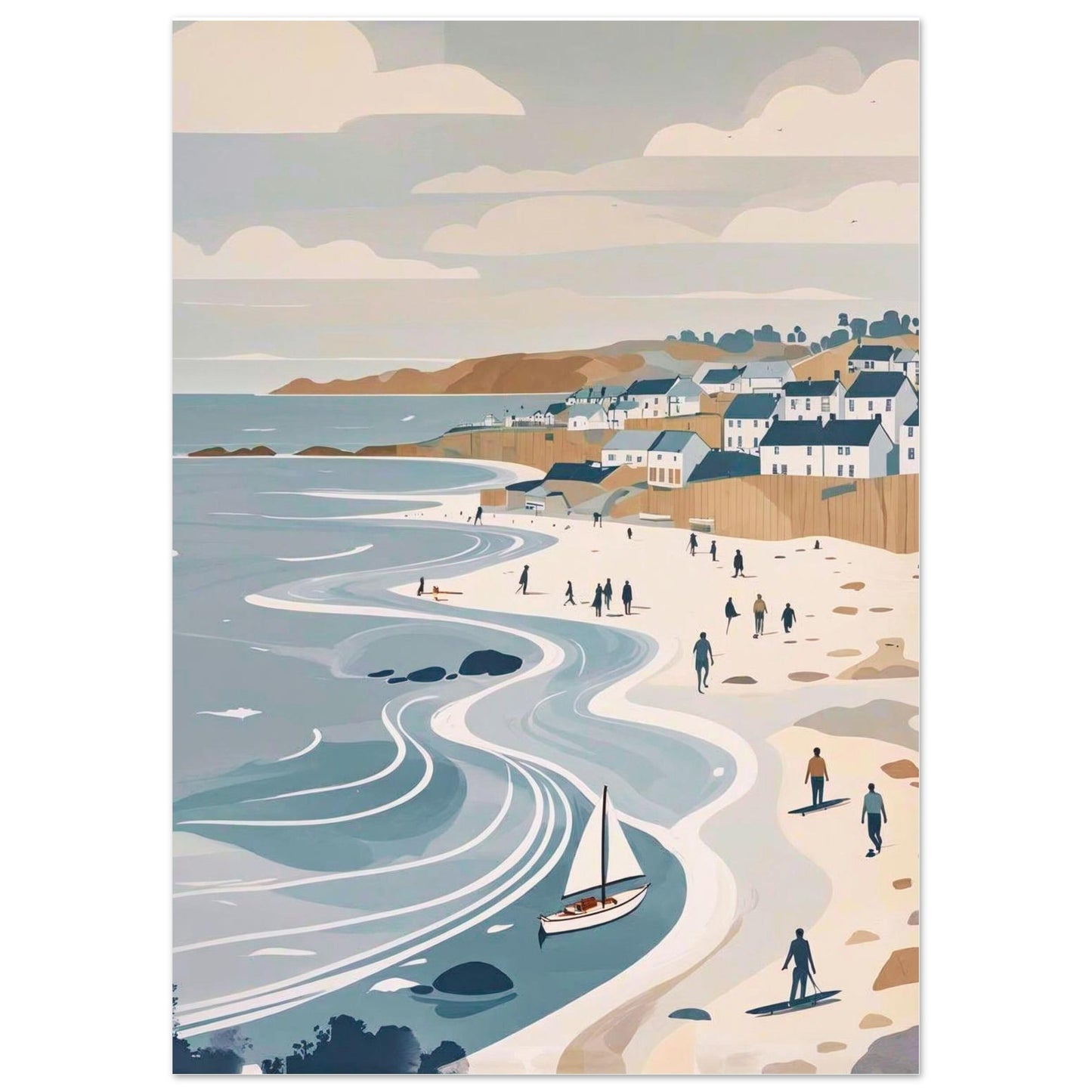 Coastal Village & Flowing Waves modern seaside wall art print