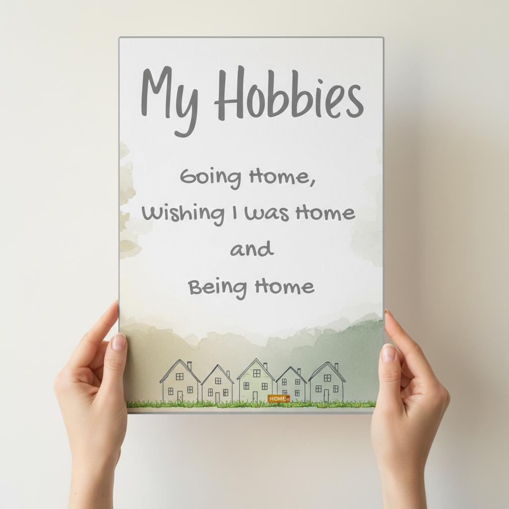 Minimilistic Poster with text. My Hobbies - Going home, wishing I was home and being home