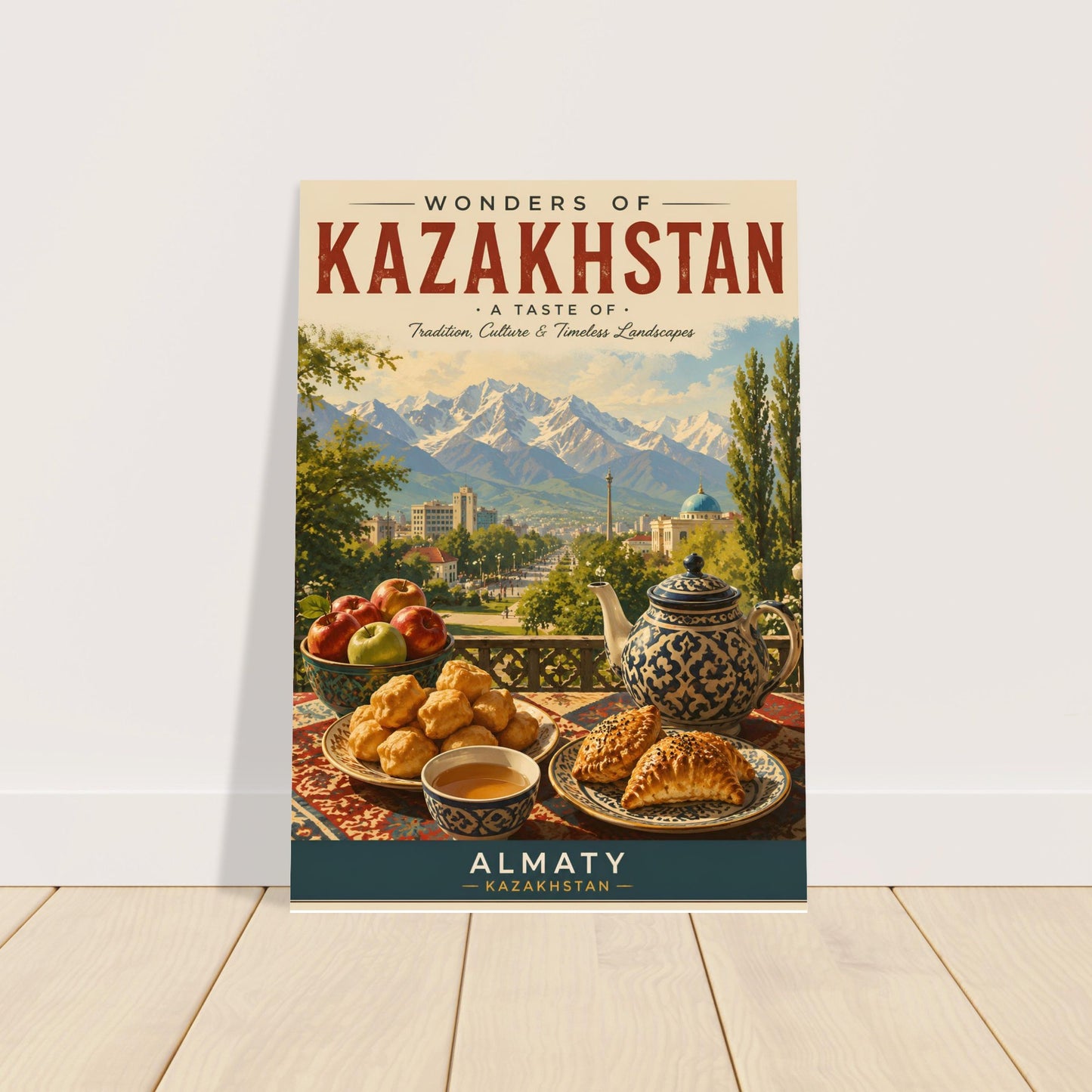 Kazakhstan travel poster featuring Almaty and mountain scenery displayed against a minimalist cream wall with wooden flooring.