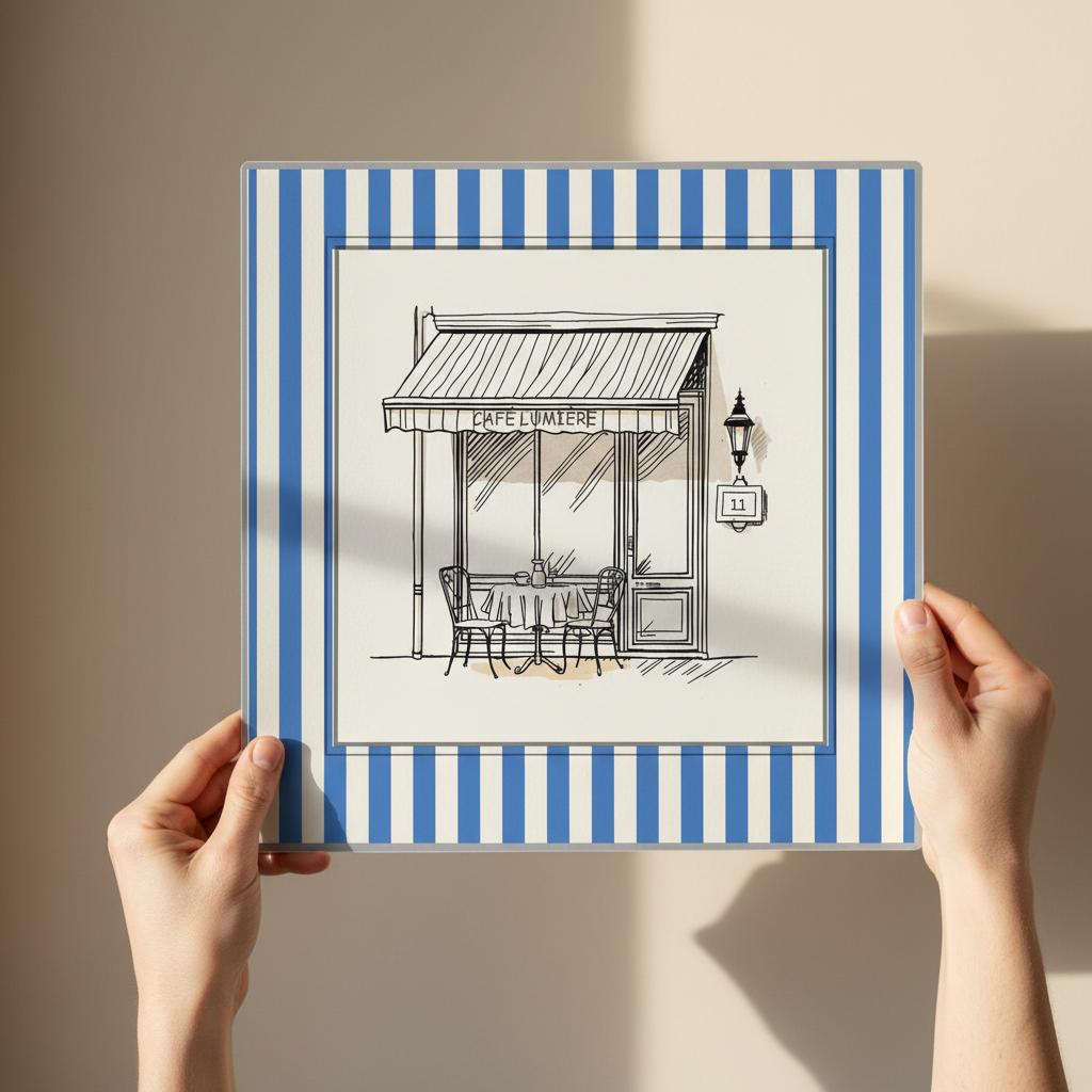 Hands holding square Café Lumière Paris blue wall art print