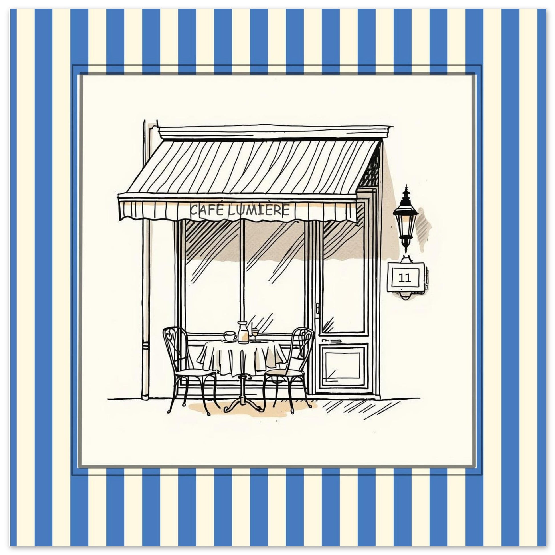 Close-up of Café Lumière Paris blue square art print with striped border