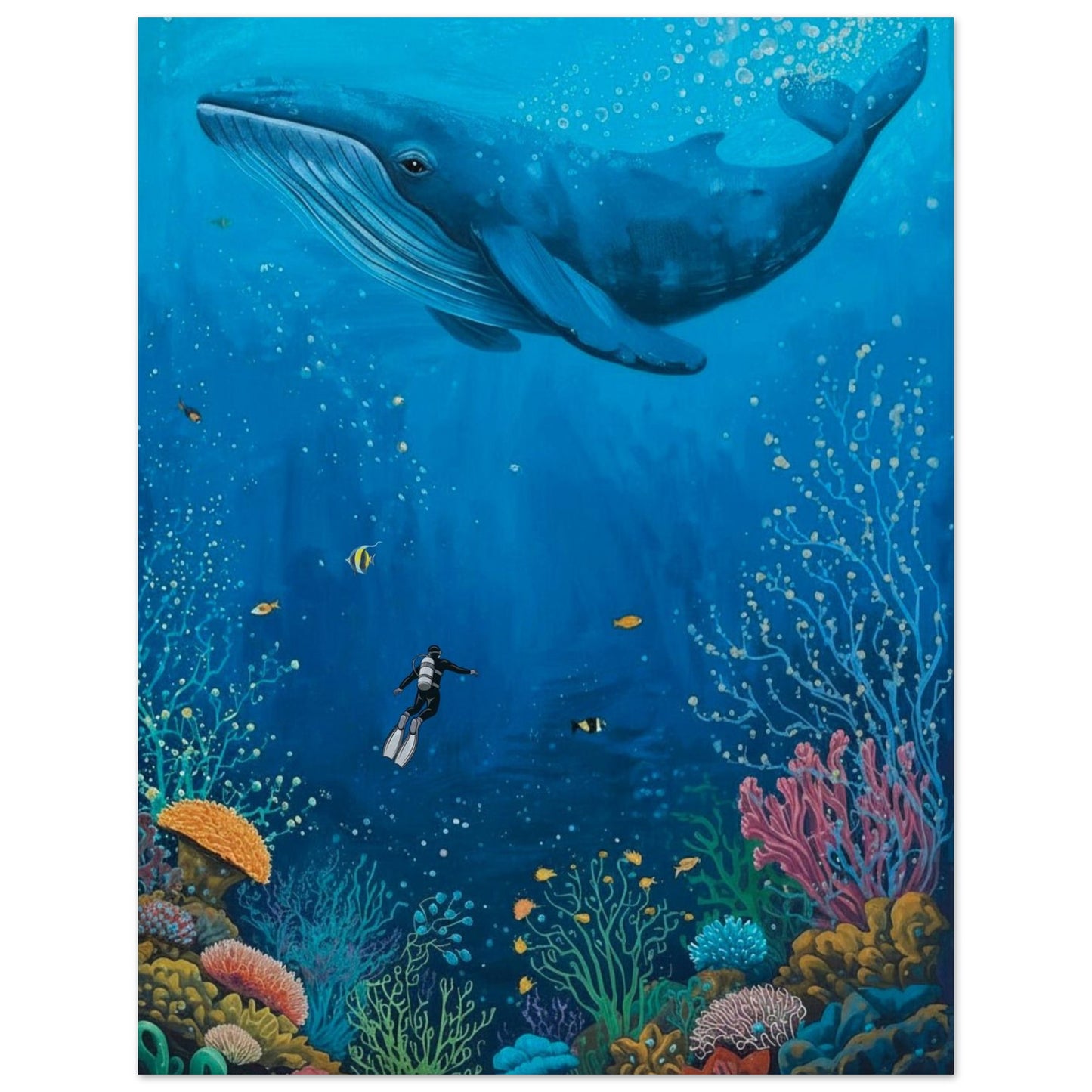 Whale swimming above a diver and colorful coral reef underwater scene
