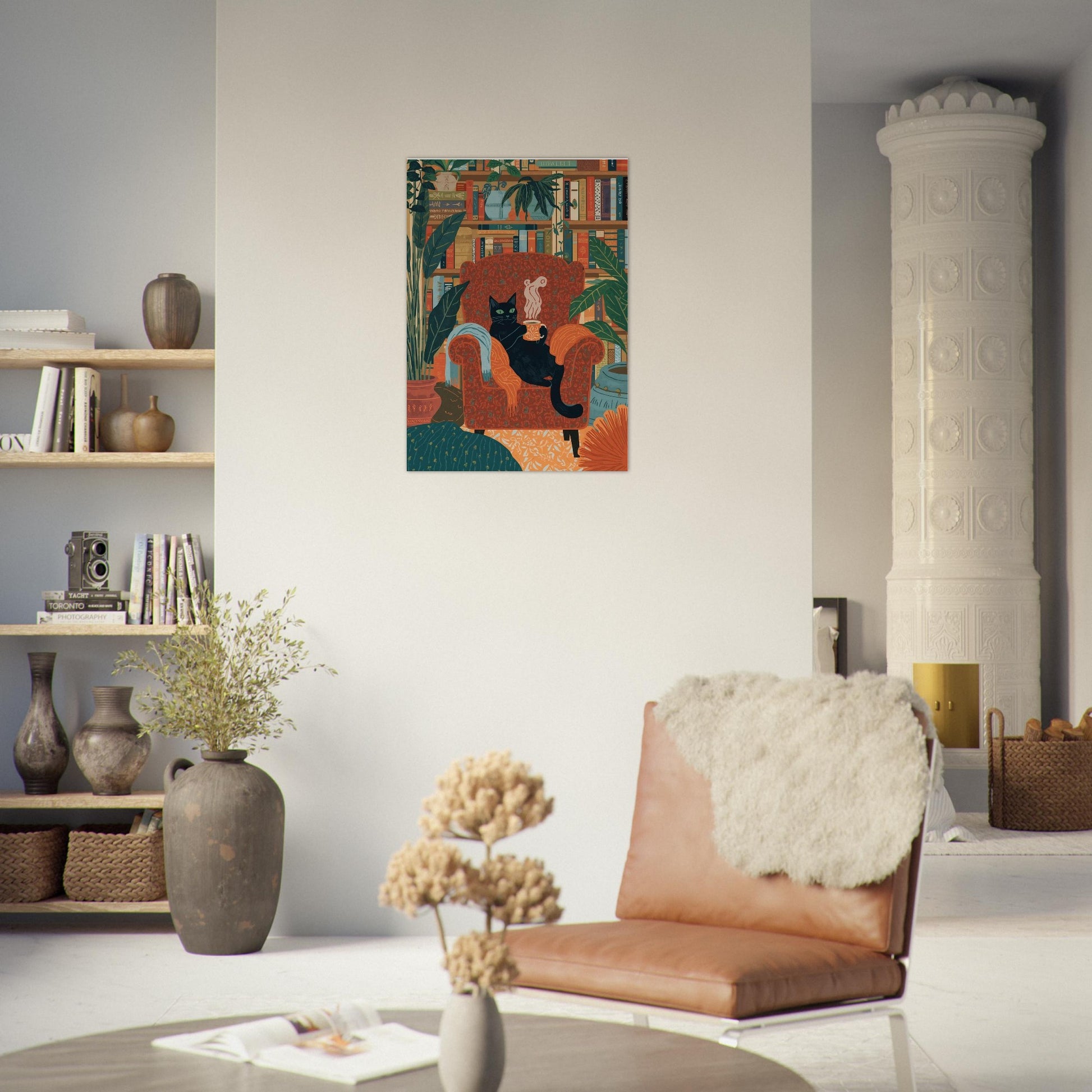 Living room with a brown chair, decorative plant, and wall art of a cat on an armchair.