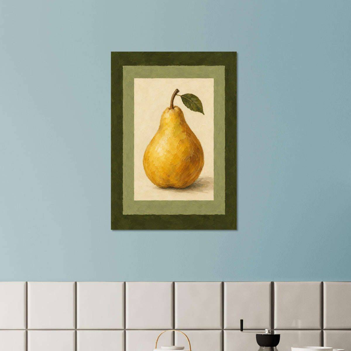 A framed wall art print featuring a yellow pear with a green leaf, displayed on a light blue wall above white subway tiles.