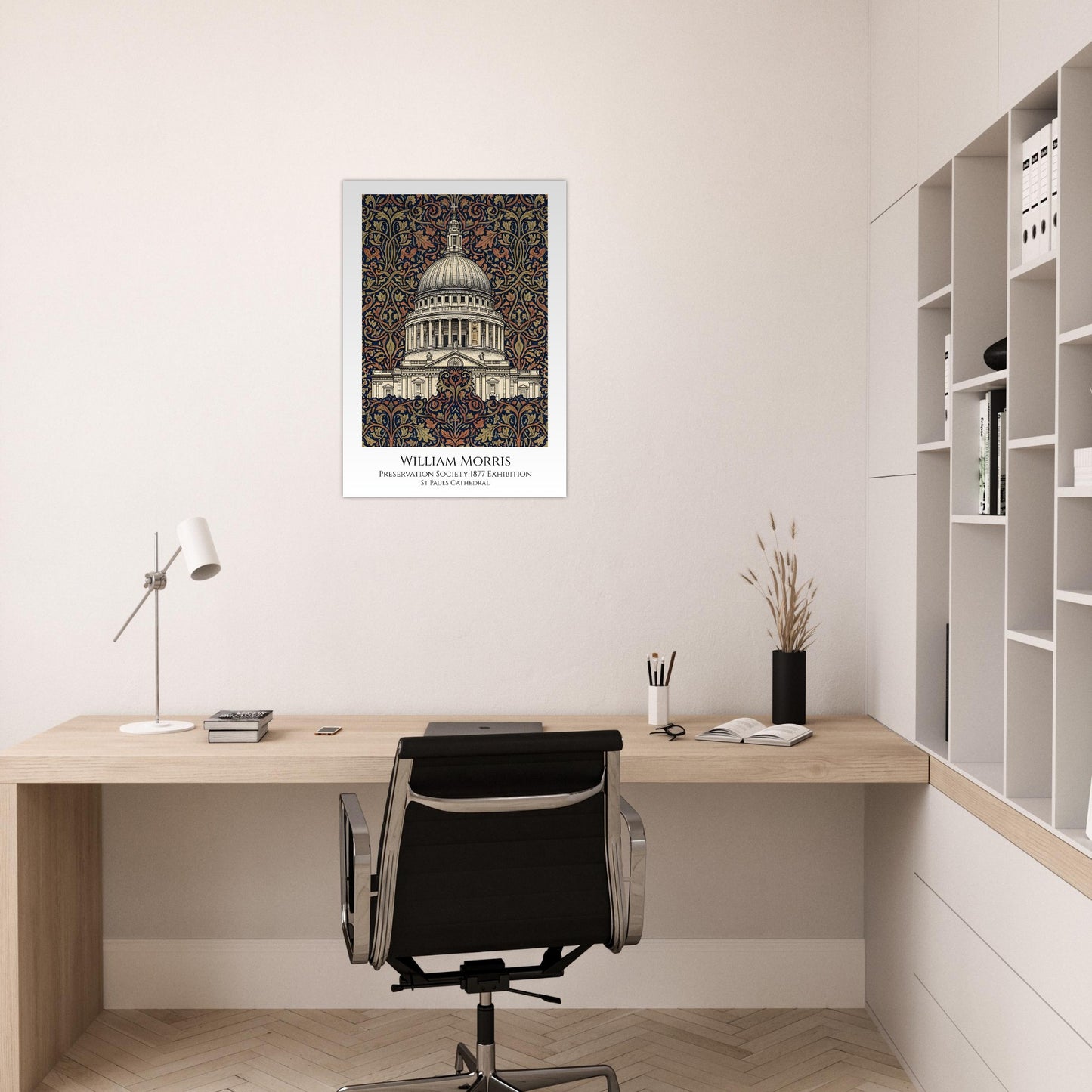 Modern office setup with a desk, chair, and framed artwork on the wall.