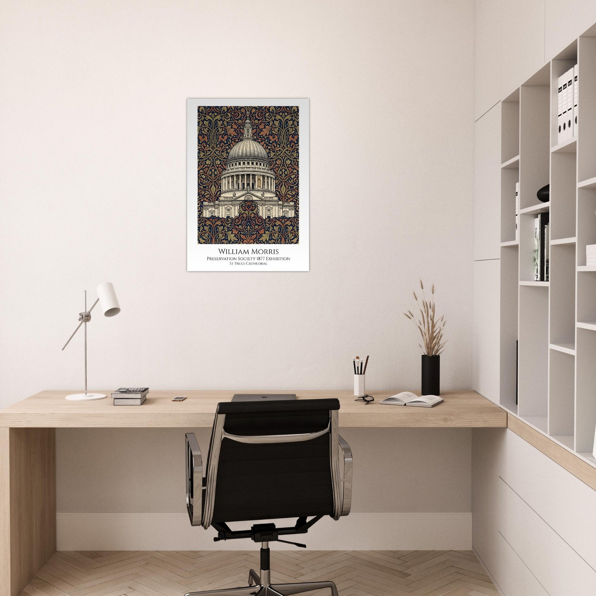 Modern office setup with a desk, chair, and framed artwork on the wall.
