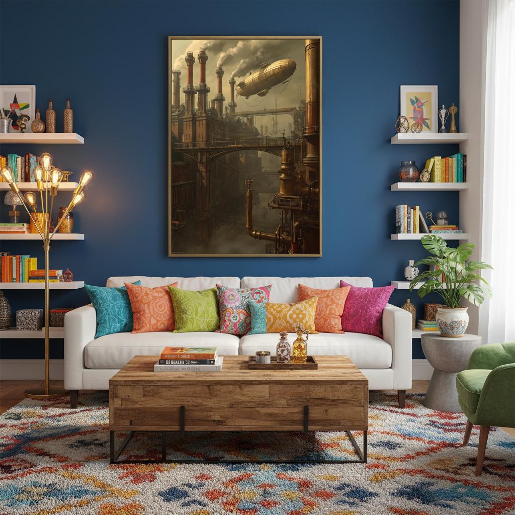 Living room with blue walls, white sofa, colorful pillows, wooden coffee table, and decorative items.