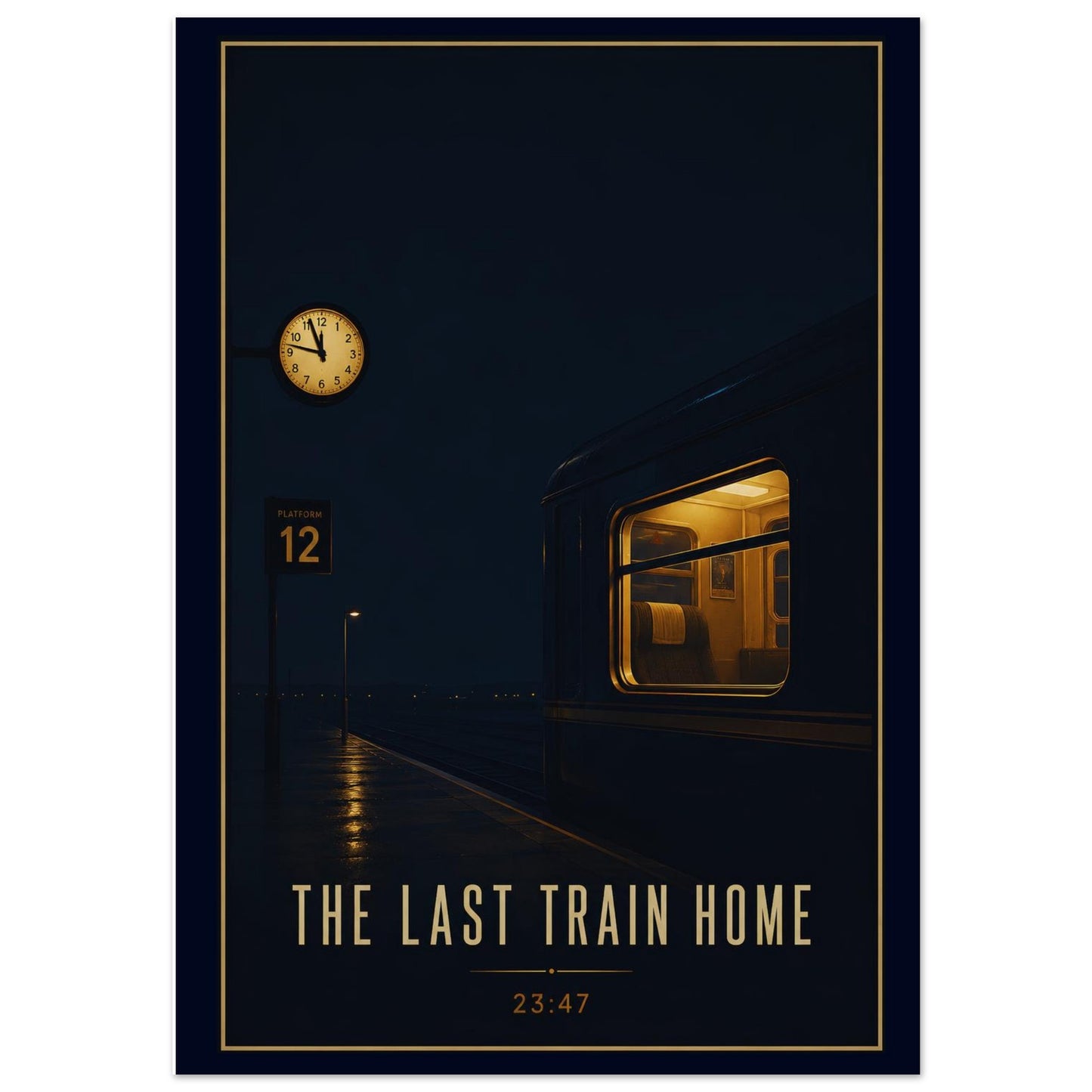 Poster of a train at night with a clock and text 'The Last Train Home'.