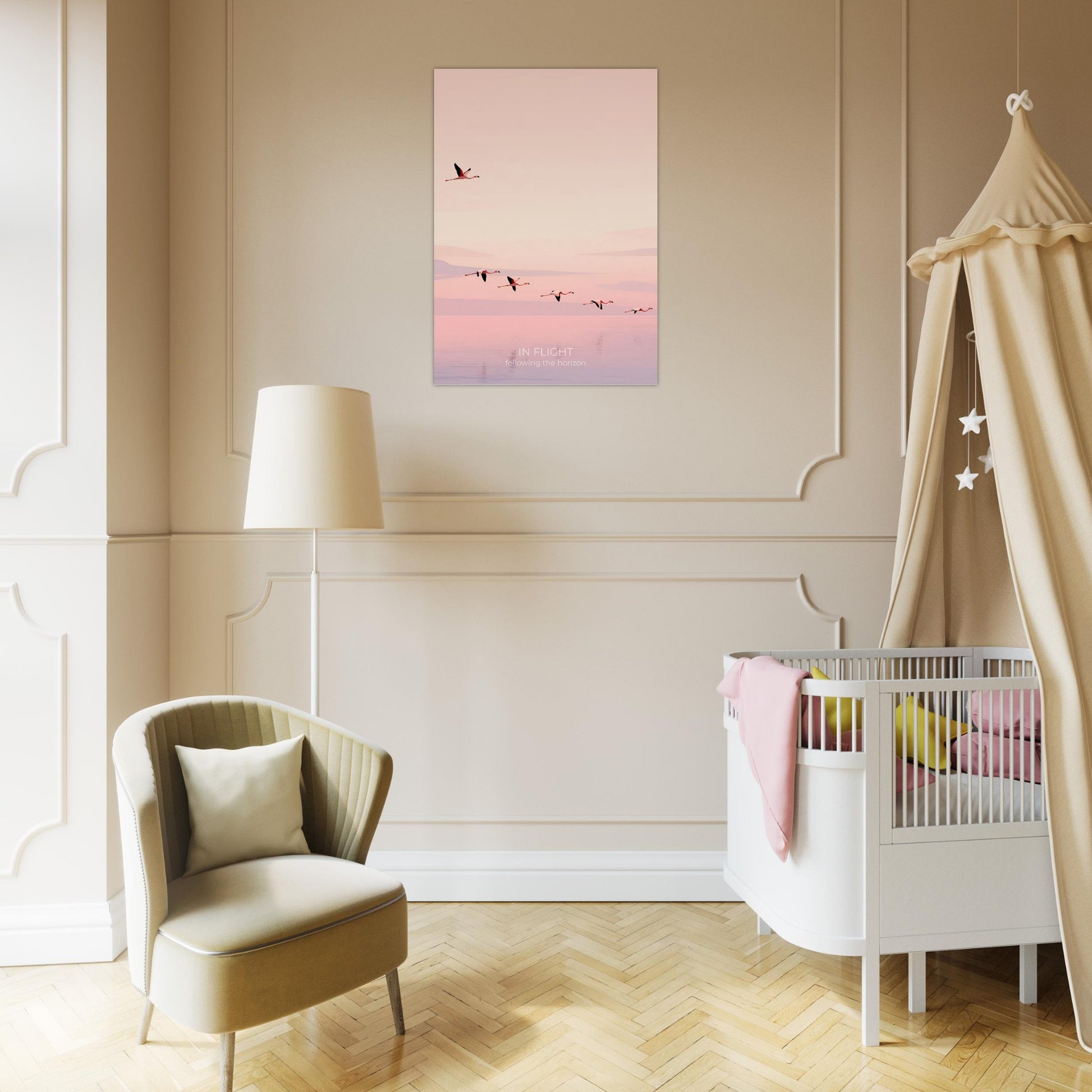 In Flight flamingo poster hanging above a nursery cot, featuring pink birds flying over tranquil reflective water.