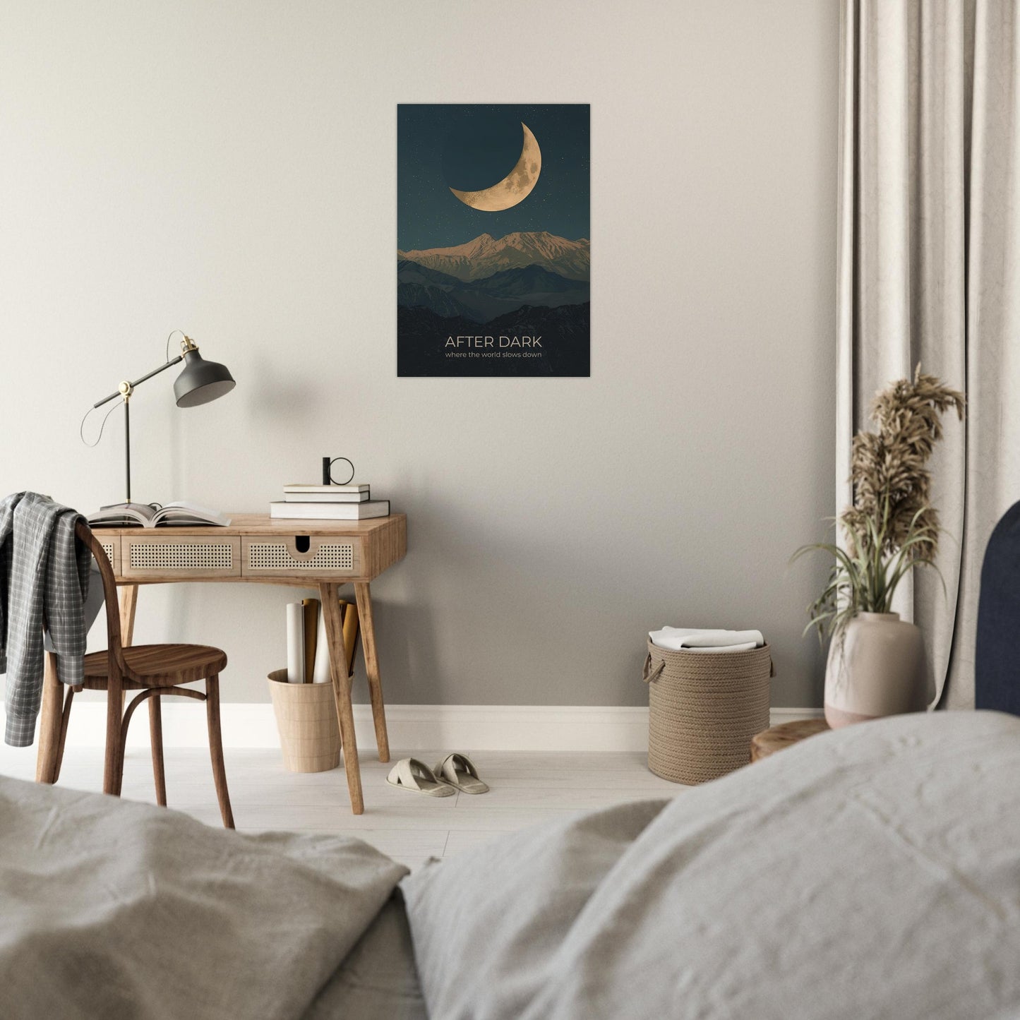After Dark poster displayed in a bright bedroom workspace, adding peaceful night-time tones and modern minimalist style.