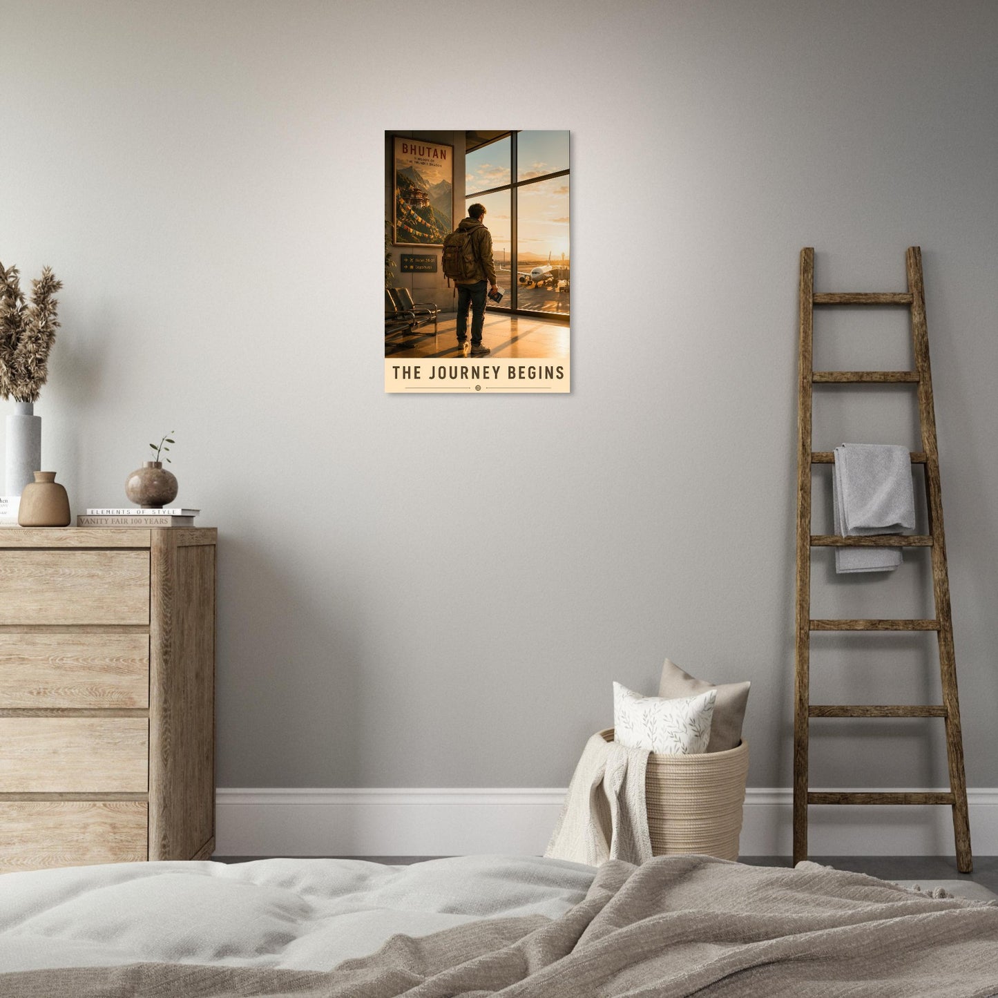 Room interior with a bed, wooden ladder, and wall art displaying 'The Journey Begins'.