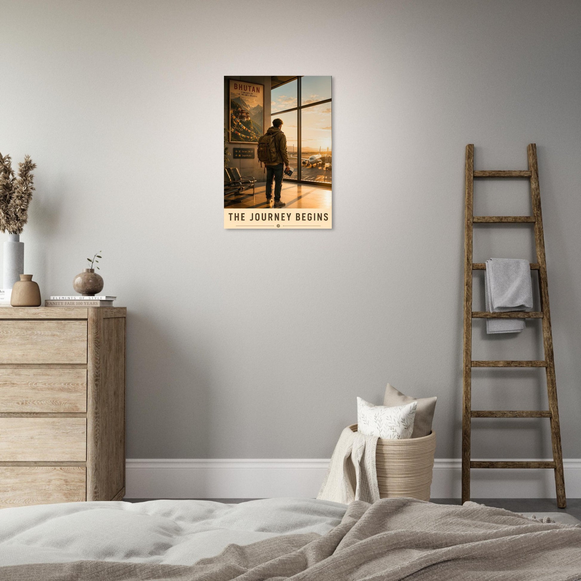 Room interior with a bed, wooden ladder, and wall art displaying 'The Journey Begins'.