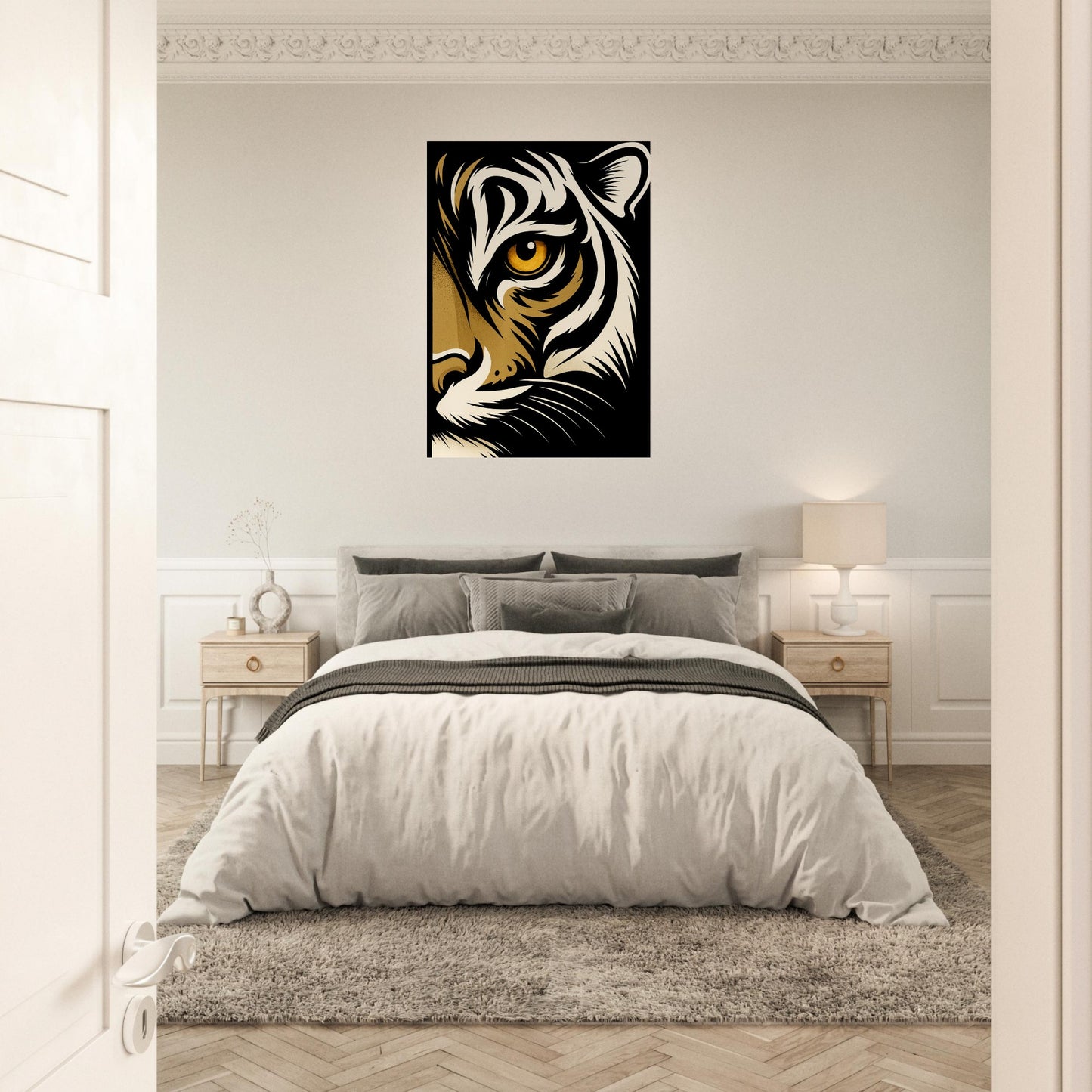Modern bedroom with a tiger artwork on the wall