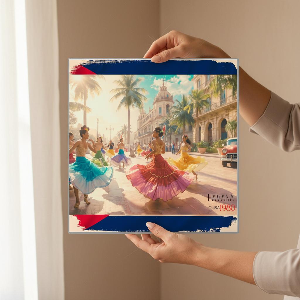 Person holding a framed picture of dancers in colorful outfits on a street in Havana, Cuba.