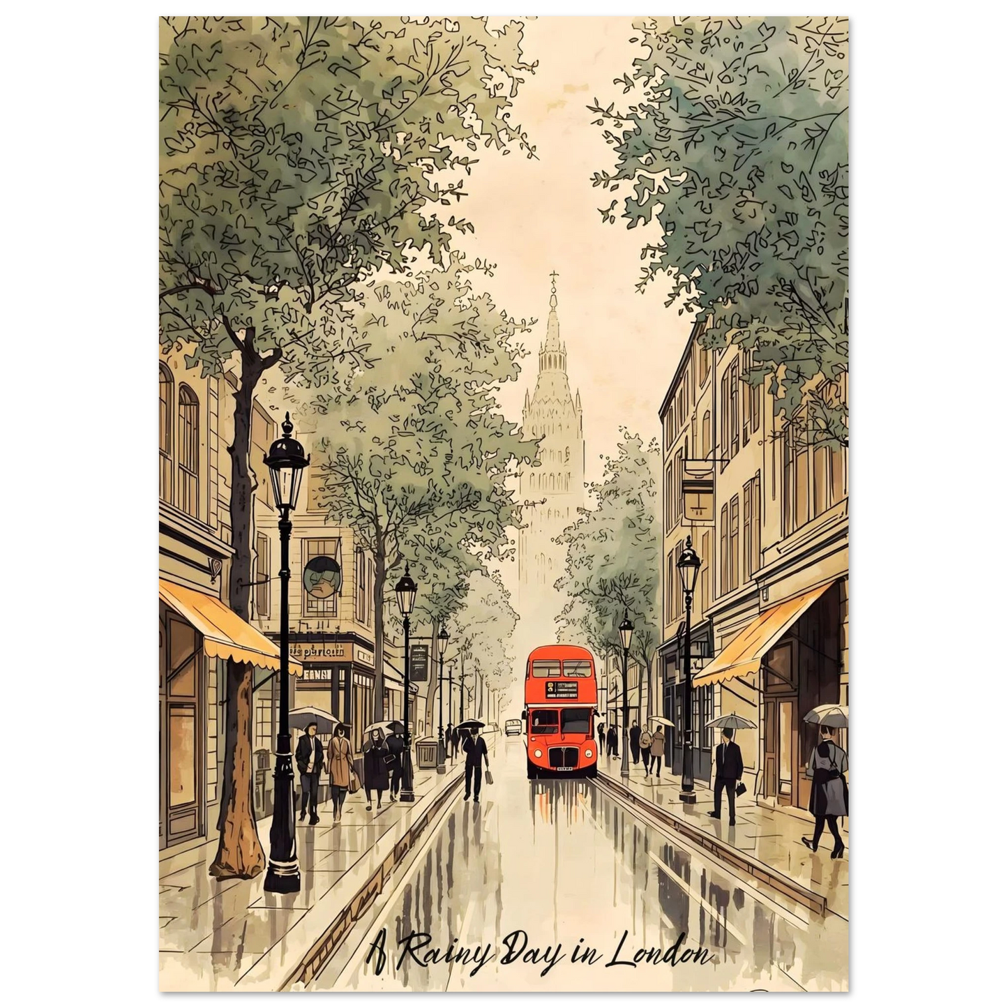 Illustration of a rainy day in London with a red double-decker bus and people with umbrellas.