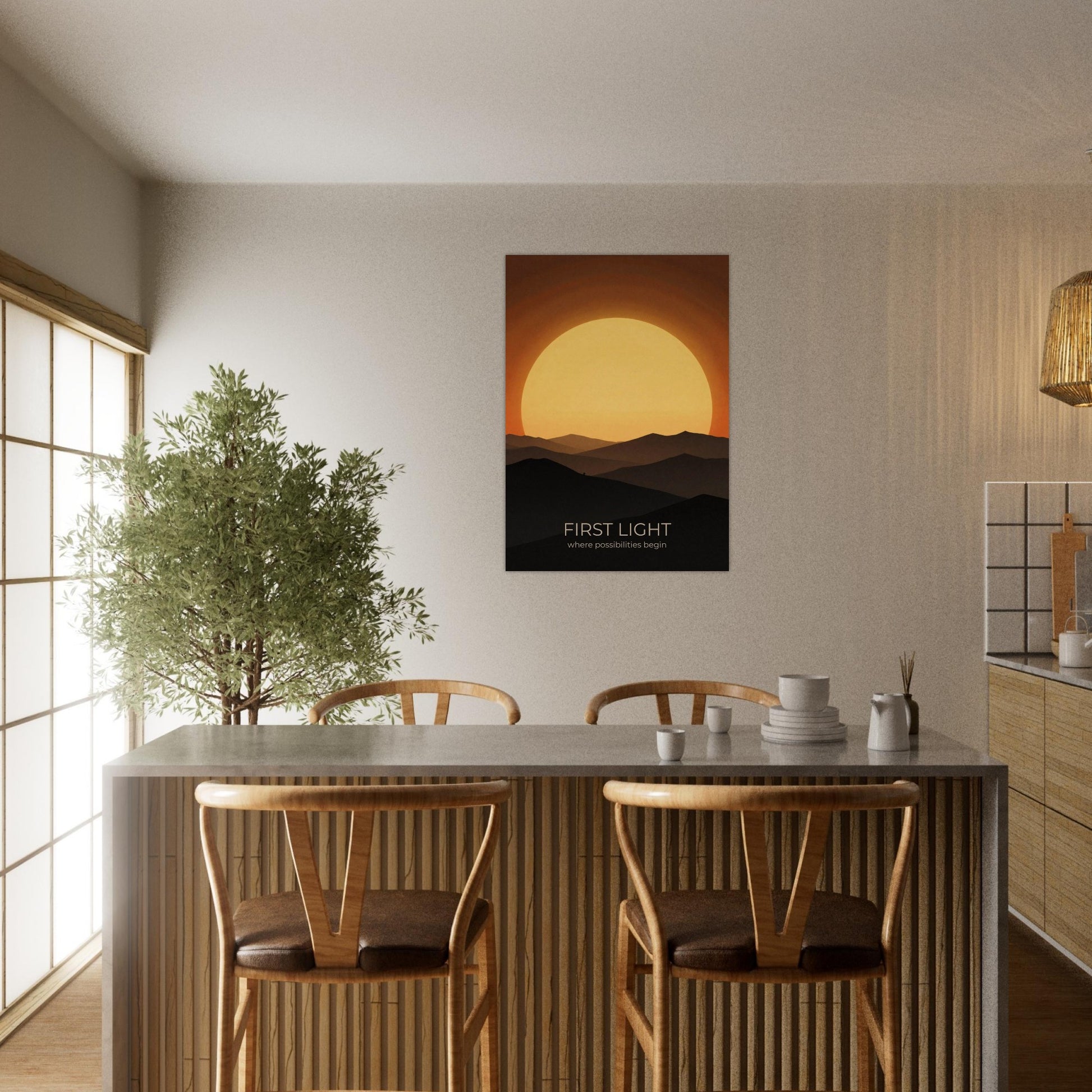 Sunrise wall art displayed in a modern dining area, featuring a giant golden sun above layered mountains in a minimalist composition.