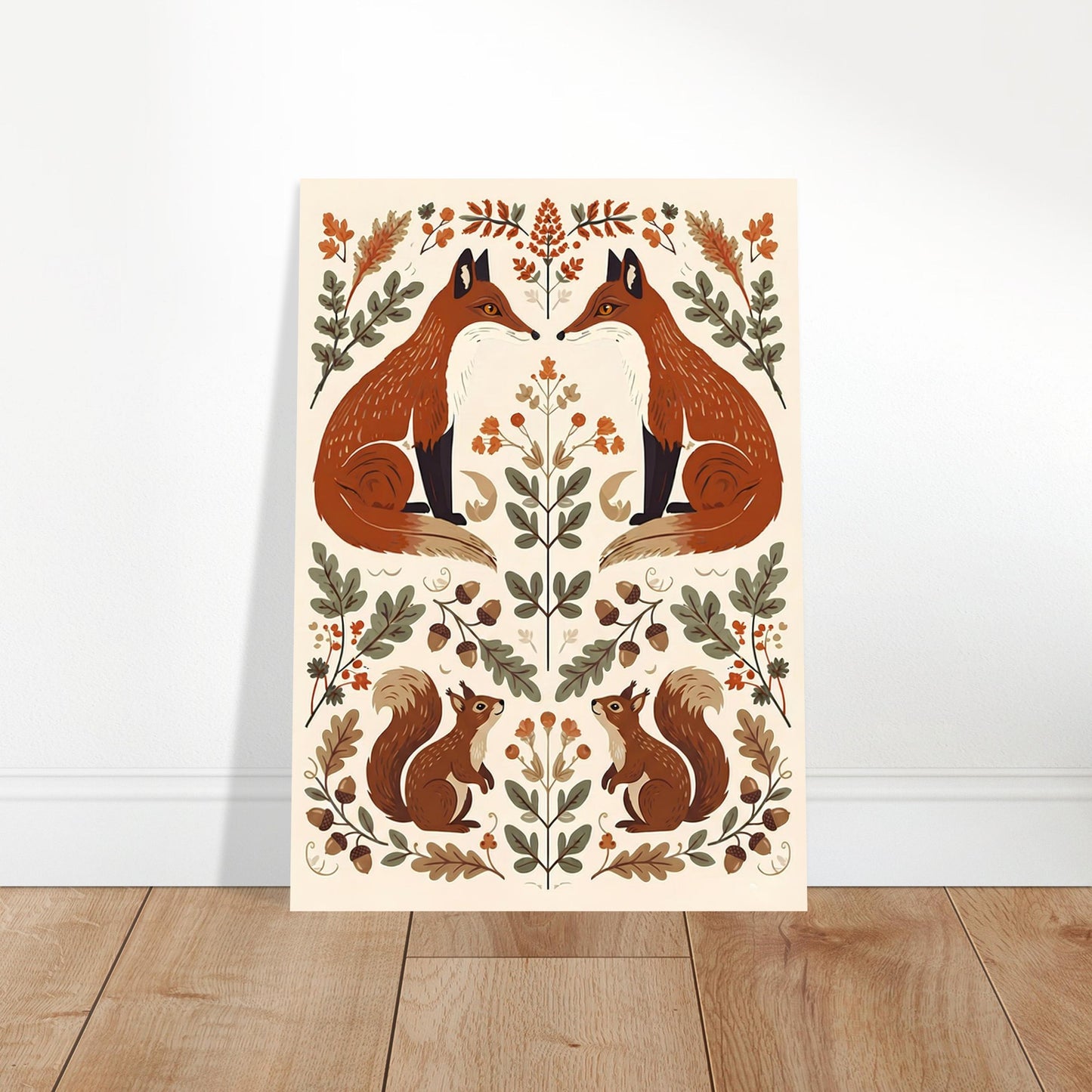 Foxes & Ferns Scandinavian folk art print displayed leaning against a wall, showcasing the symmetrical woodland composition and detailed botanical motifs.