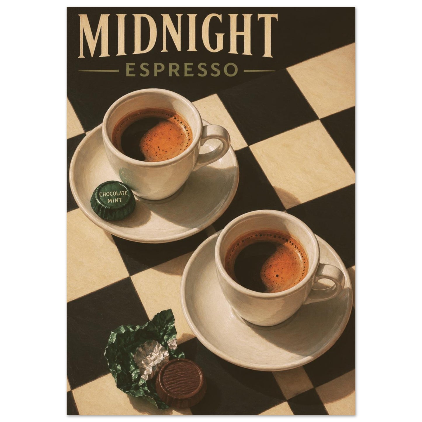 Midnight Espresso retro poster featuring two espresso cups, chocolate mints and a black and cream checkerboard design.