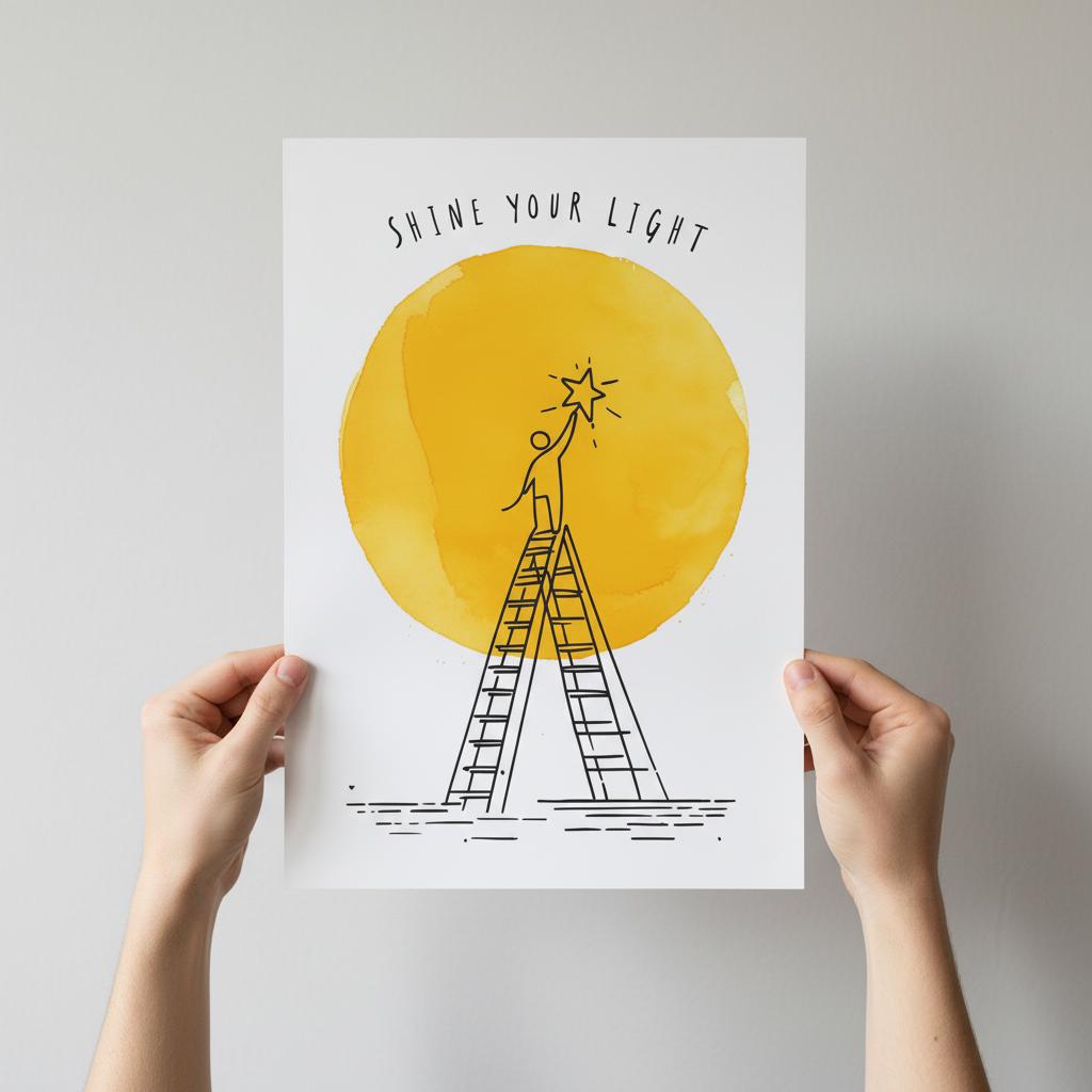 Poster with a person on a ladder reaching for a star against a yellow sun, held by hands against a light gray background.