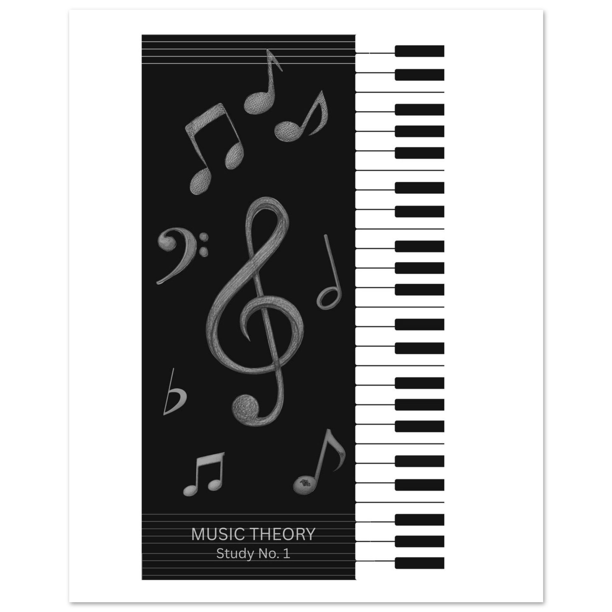 Music theory book cover with musical notes and piano keys on a black and white background
