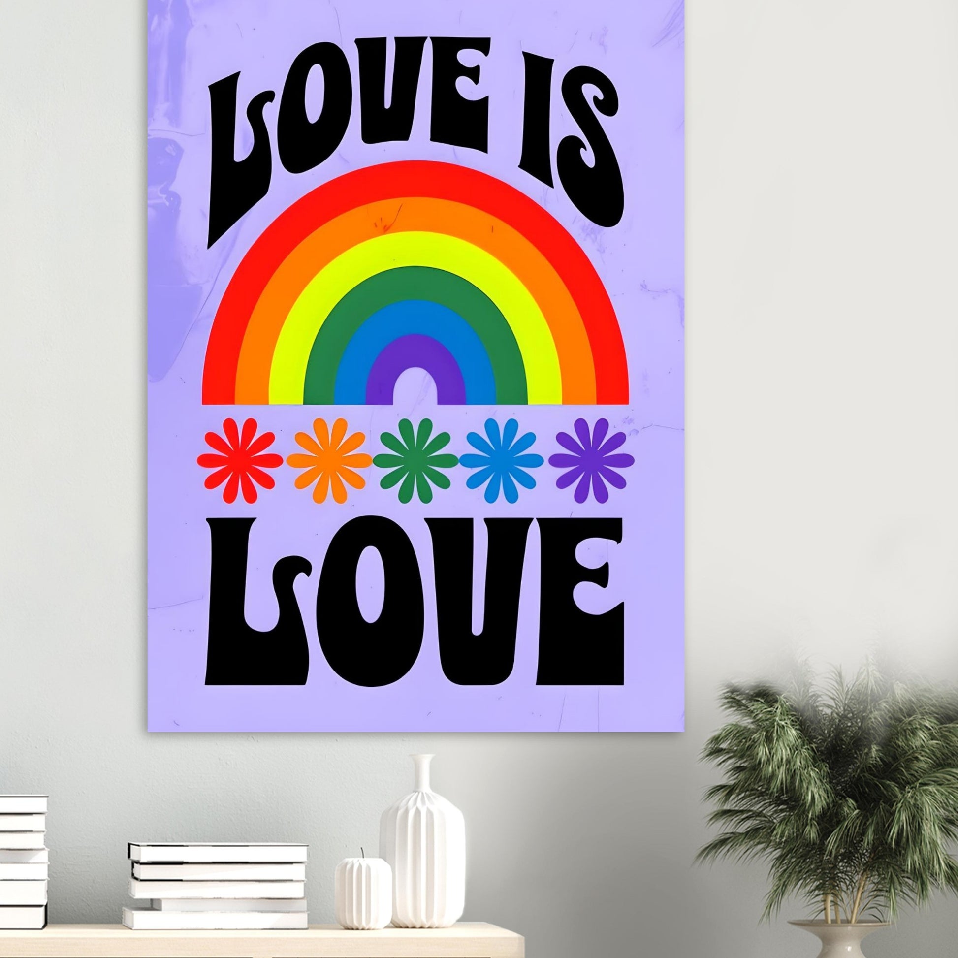 Poster with rainbow and flowers design on a light gray wall.