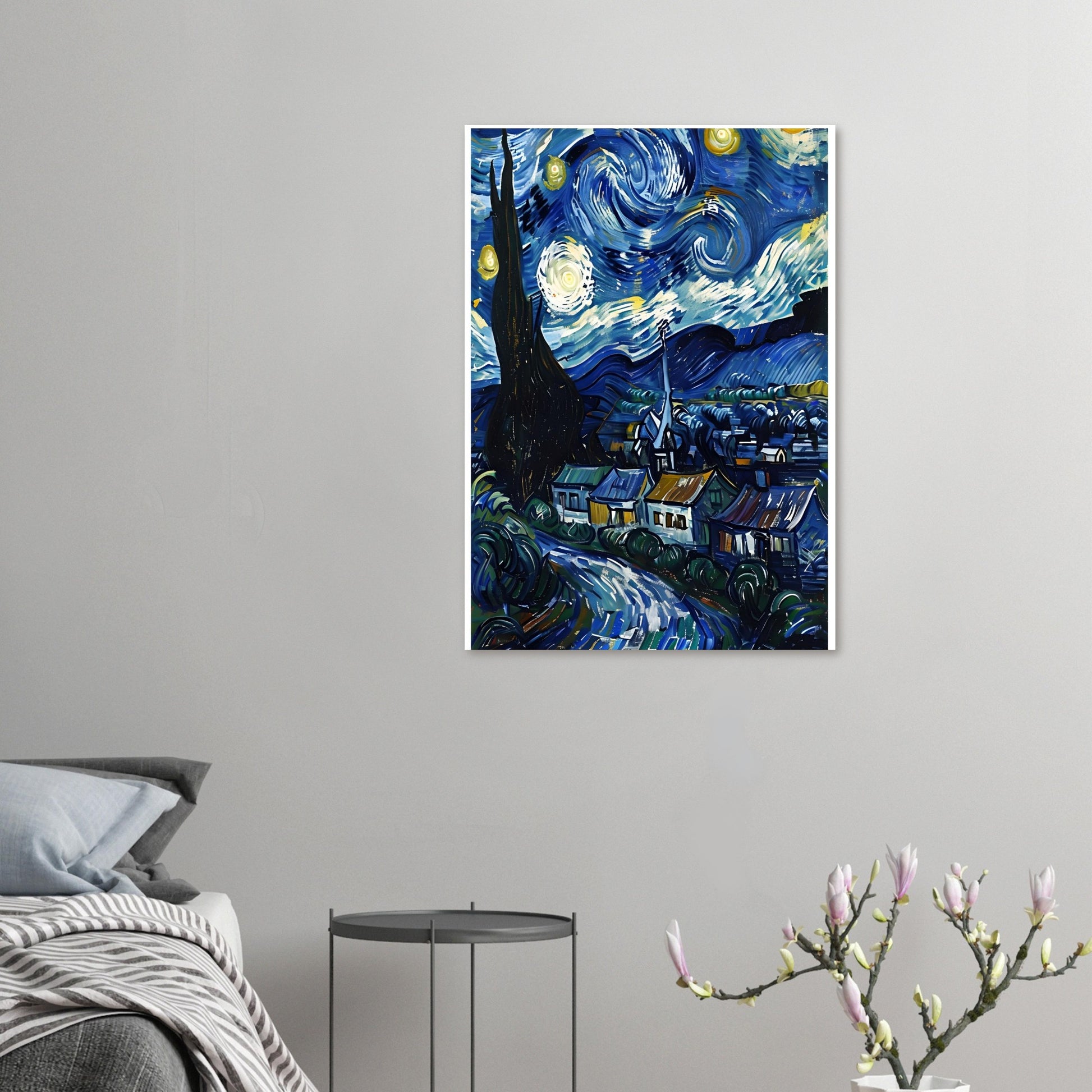 Framed artwork resembling 'Starry Night' hanging on a wall above a bed.