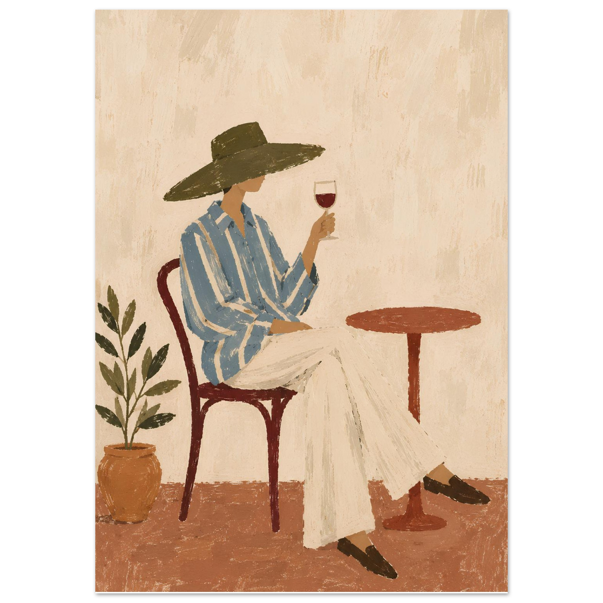 A vintage-style art print depicting a woman in a wide-brimmed green hat, a blue and white striped shirt, and white trousers sitting on a dark red chair and holding a glass of red wine. A potted plant is on the left, and a small round table is on the right, all set against a textured beige background.