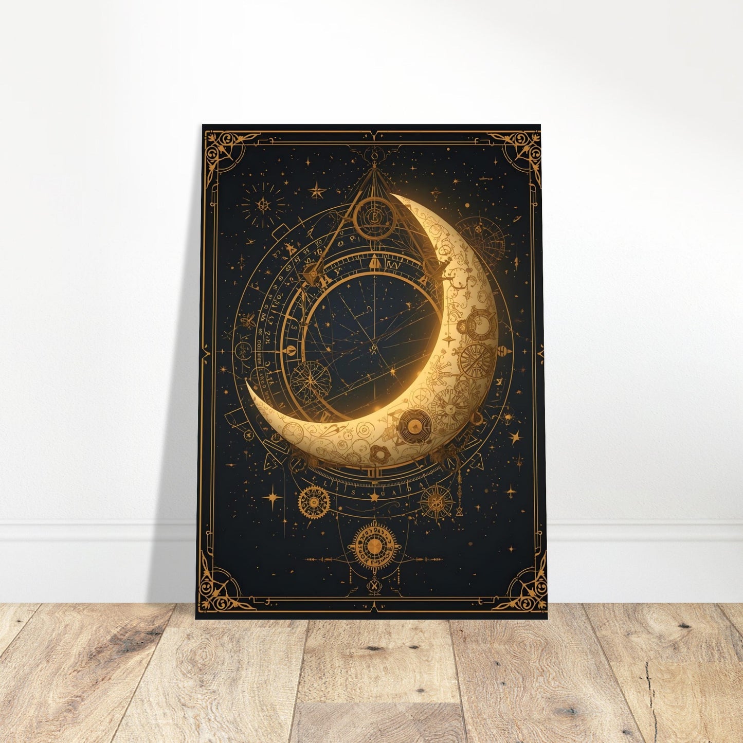 Steampunk crescent moon wall art A4 poster with antique gold clockwork gears and celestial Victorian design