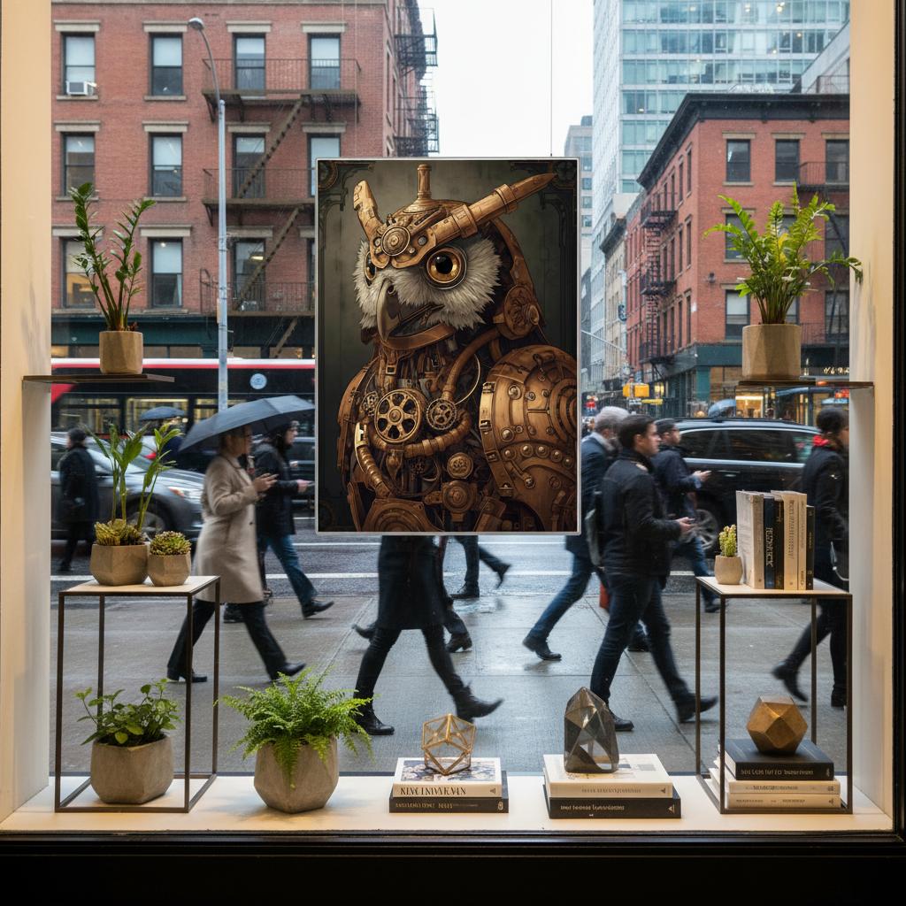 Steampunk-style owl painting in a store window with pedestrians walking by.