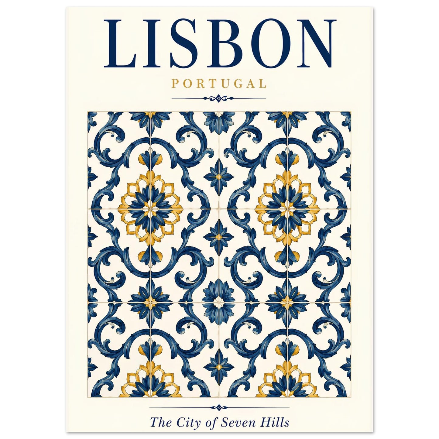Lisbon wall art print featuring an intricate blue, white and yellow Portuguese azulejo tile design.