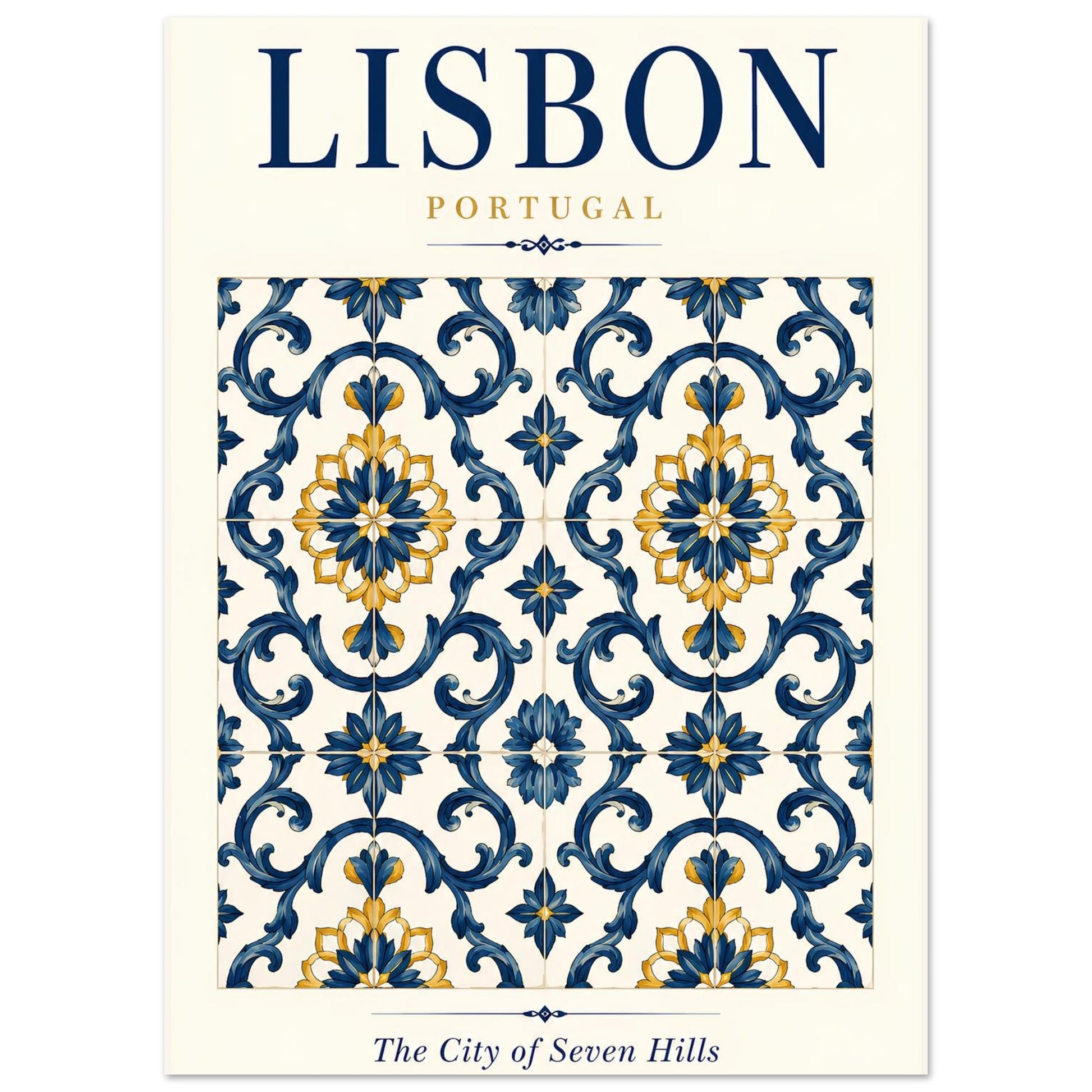 Lisbon wall art print featuring an intricate blue, white and yellow Portuguese azulejo tile design.