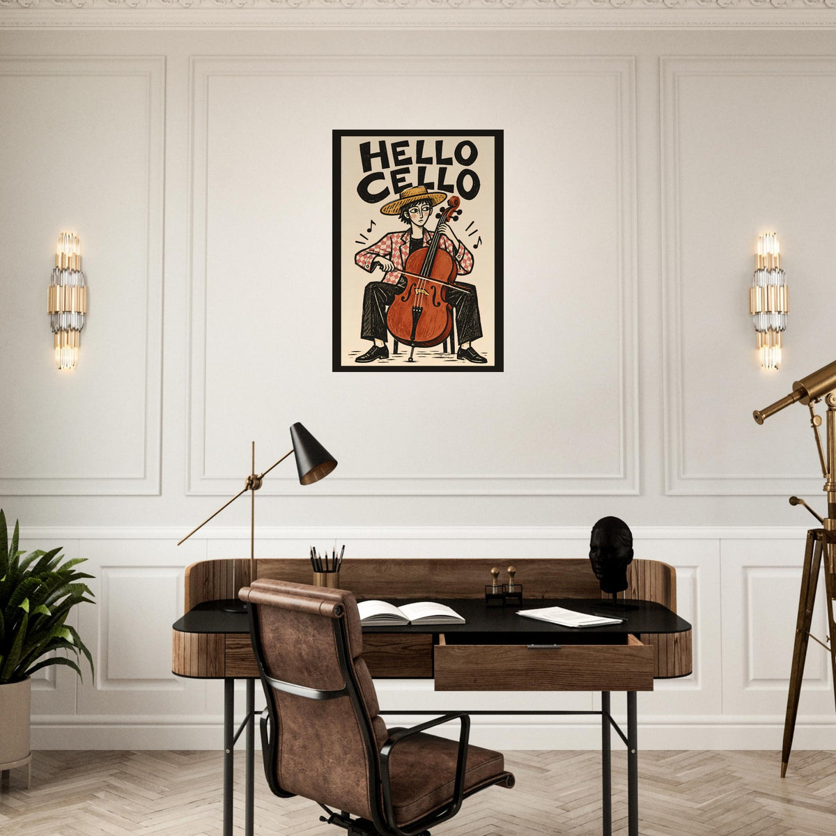 A minimalist abstract wall art print with a two-tone design in muted gray and dusty pink, displayed in a modern home office setting above a wooden desk with a brown leather chair.