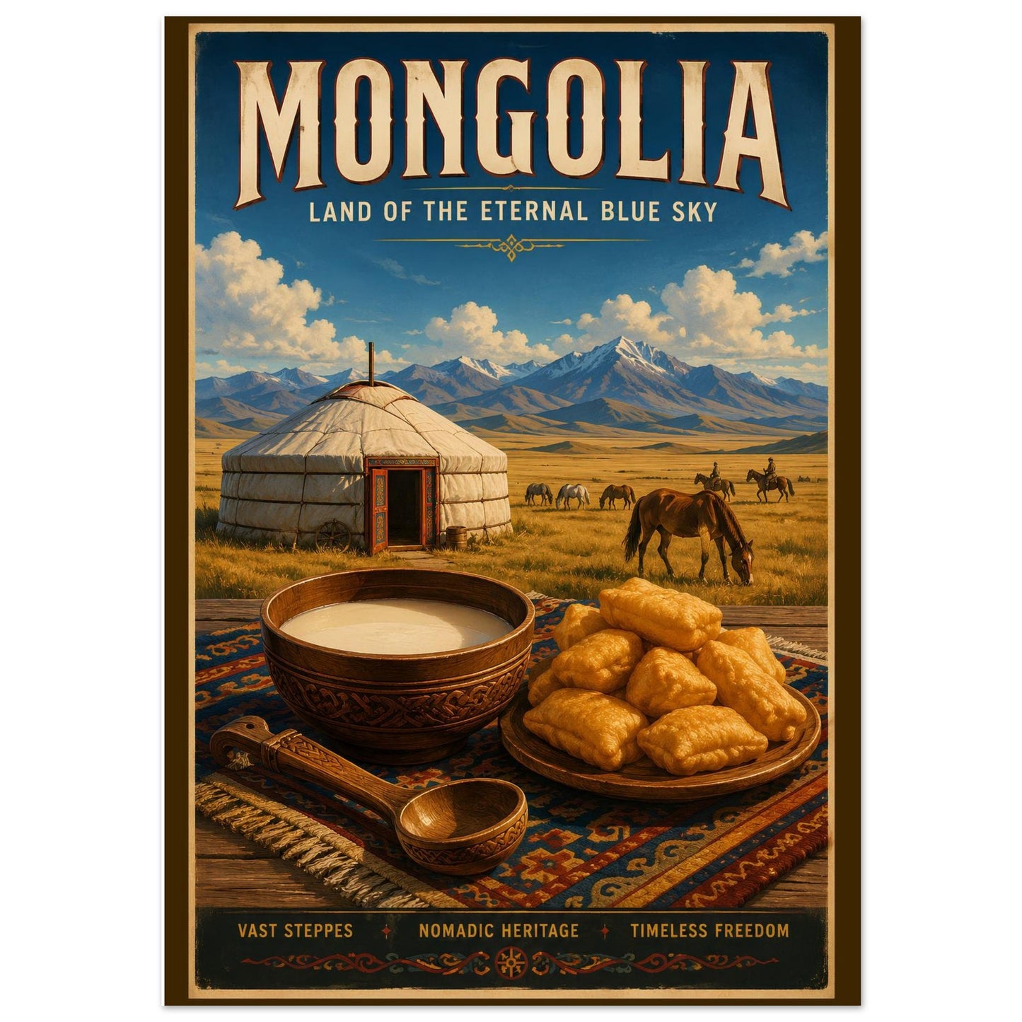 Mongolia travel poster showcasing traditional airag, boortsog pastries, a nomadic ger, grazing horses, and the vast Mongolian steppe.