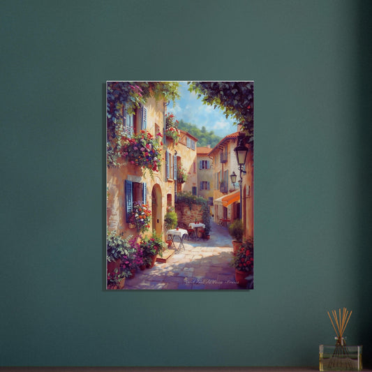 colourful cafe alley poster on dark green wall
