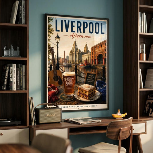 Liverpool Afternoon wall art displayed in a cosy home library, showcasing Albert Dock, a guitar, local ale and Liverpool's maritime heritage.