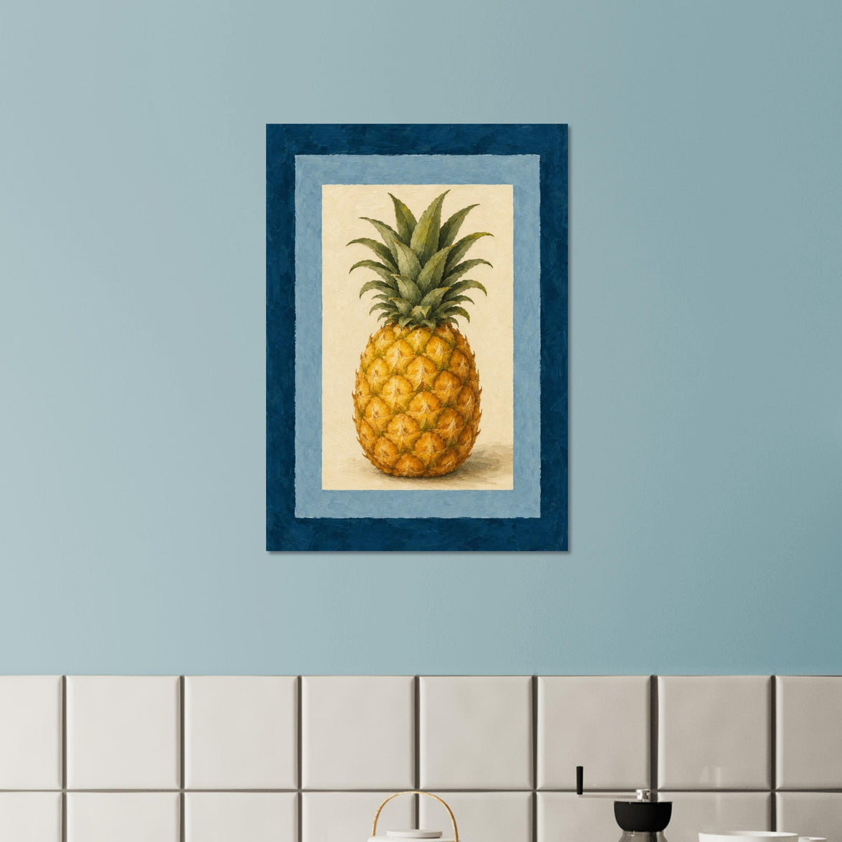 A framed wall art print featuring a pineapple illustration, hung on a light blue wall above white subway tiles. The print has a dark blue textured outer border, a light blue inner border, and a cream center showing the pineapple.