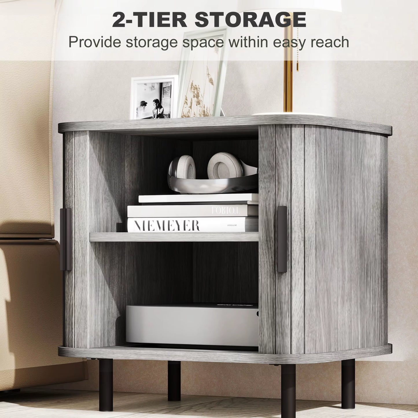 Nightstand with Sliding Doors and Metal Legs